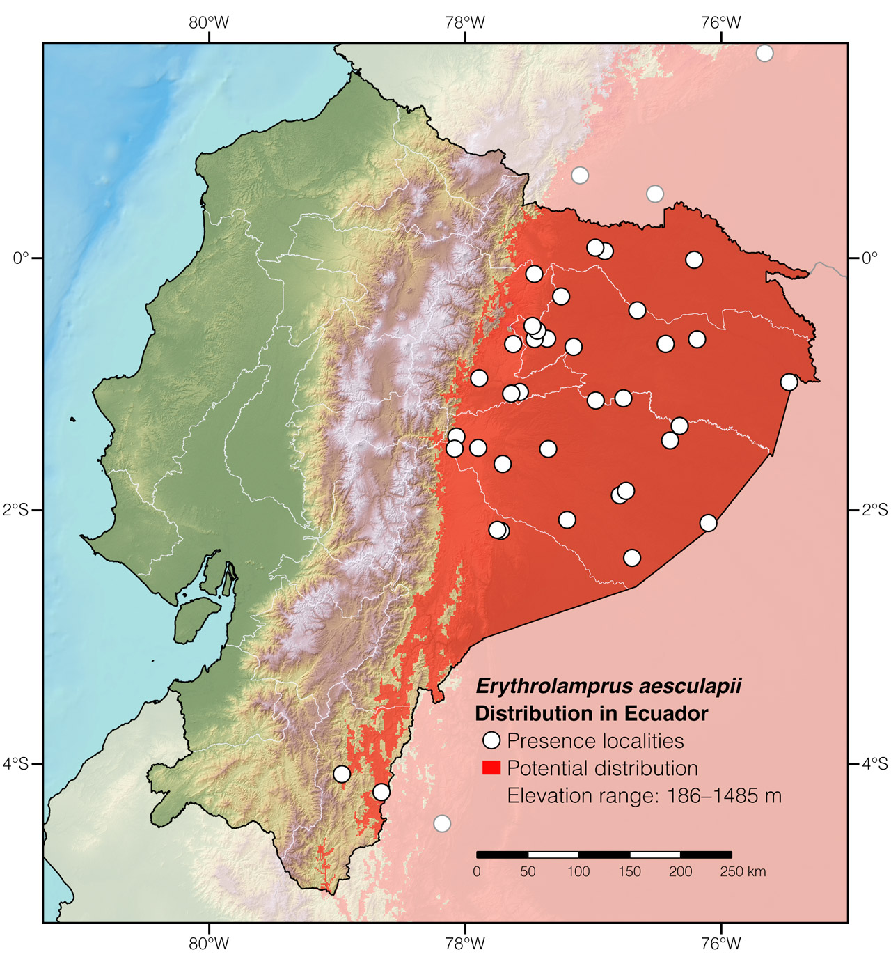 Distribution of Erythrolamprus aesculapii in Ecuador