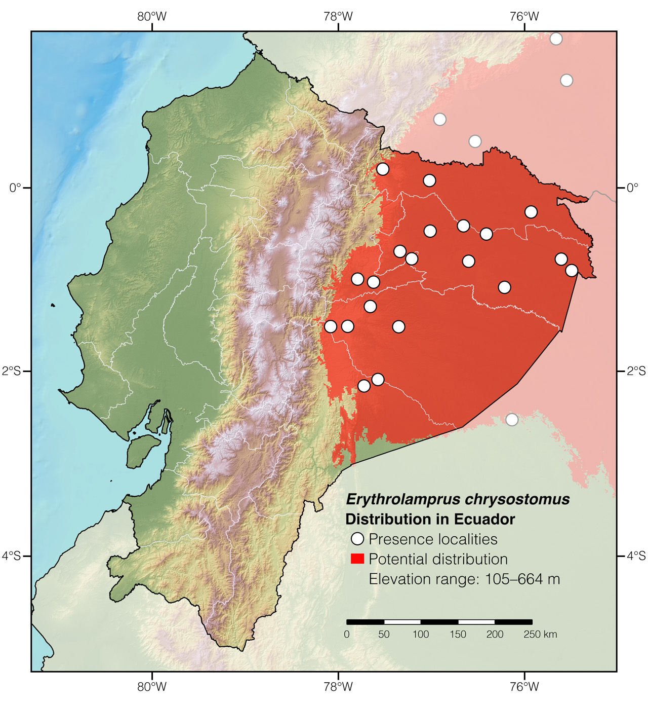 Distribution of Erythrolamprus chrysostomus in Ecuador