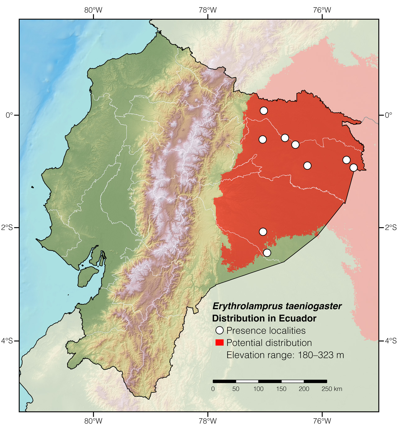 Distribution of Erythrolamprus taeniogaster in Ecuador