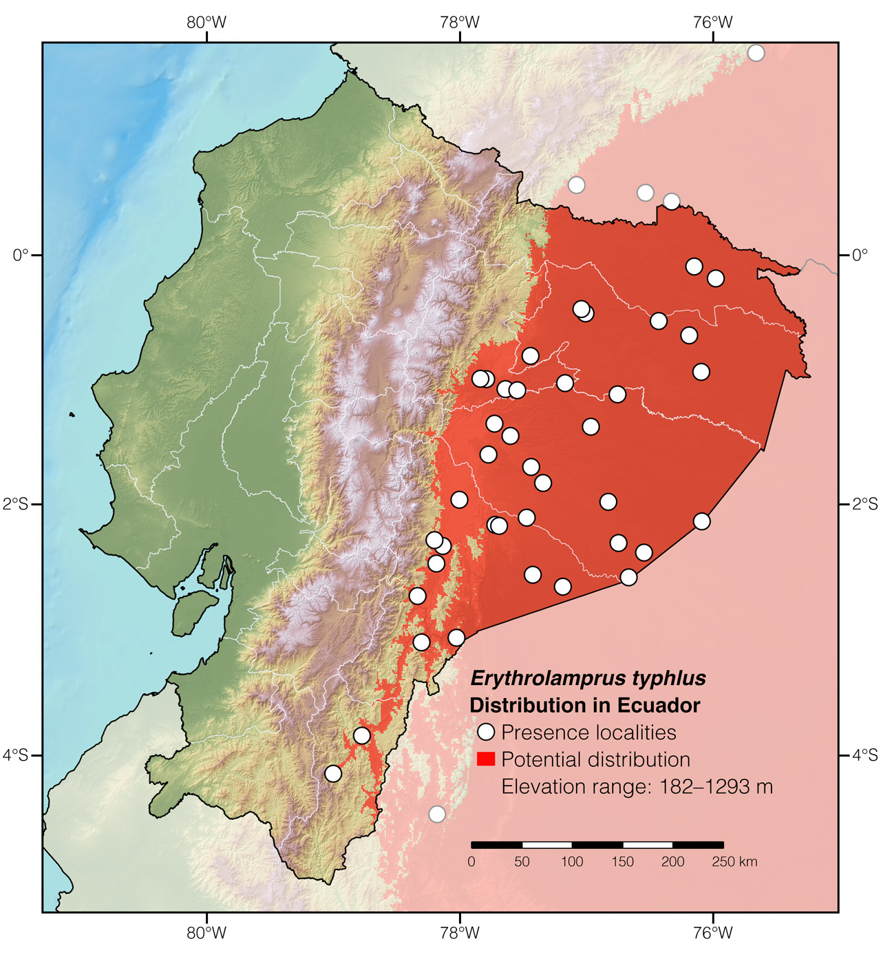 Distribution of Erythrolamprus typhlus in Ecuador