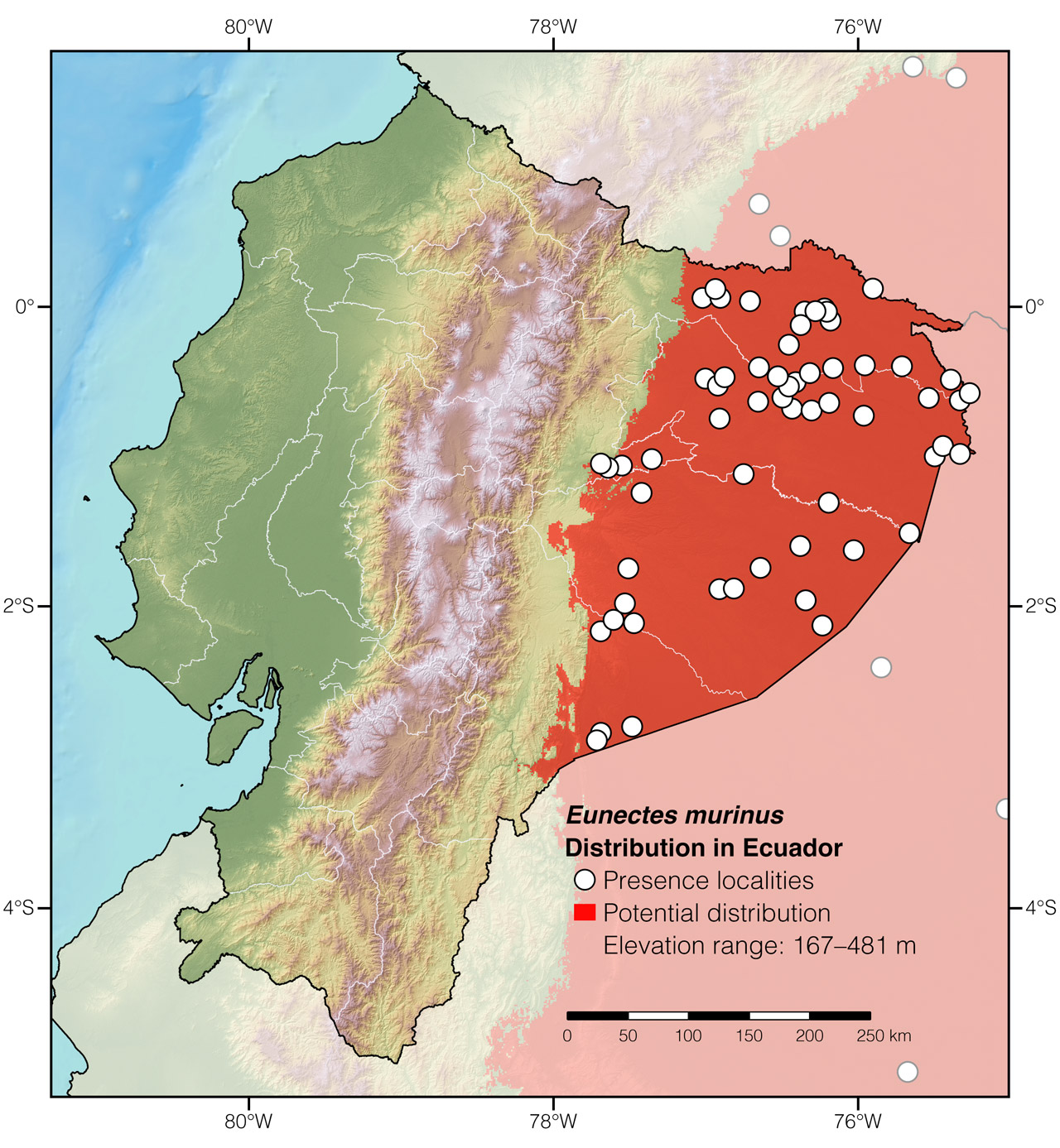 Distribution of Eunectes murinus in Ecuador