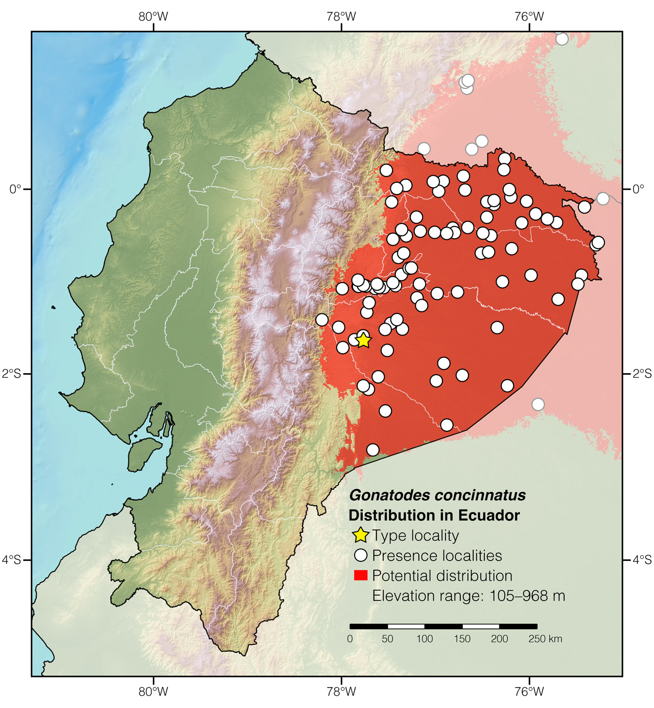 Distribution of Gonatodes concinnatus in Ecuador