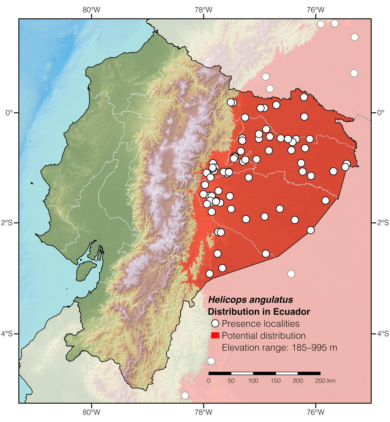 Distribution of Helicops angulatus in Ecuador