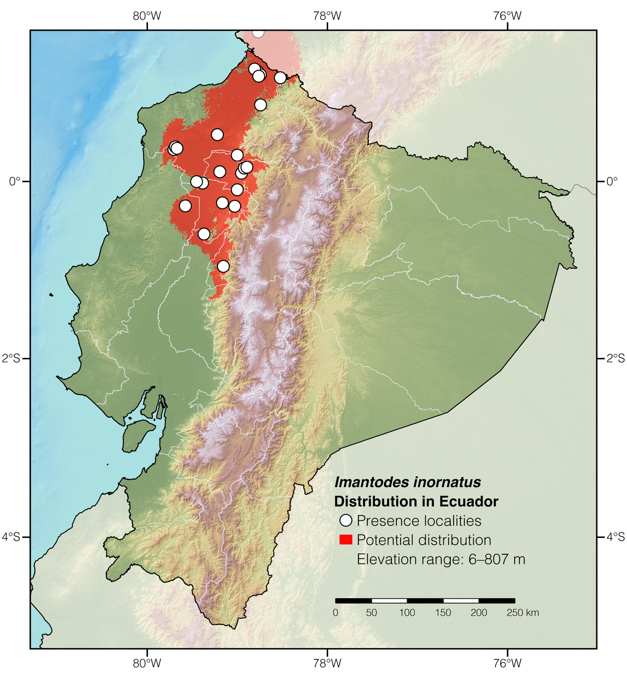 Distribution of Imantodes inornatus in Ecuador