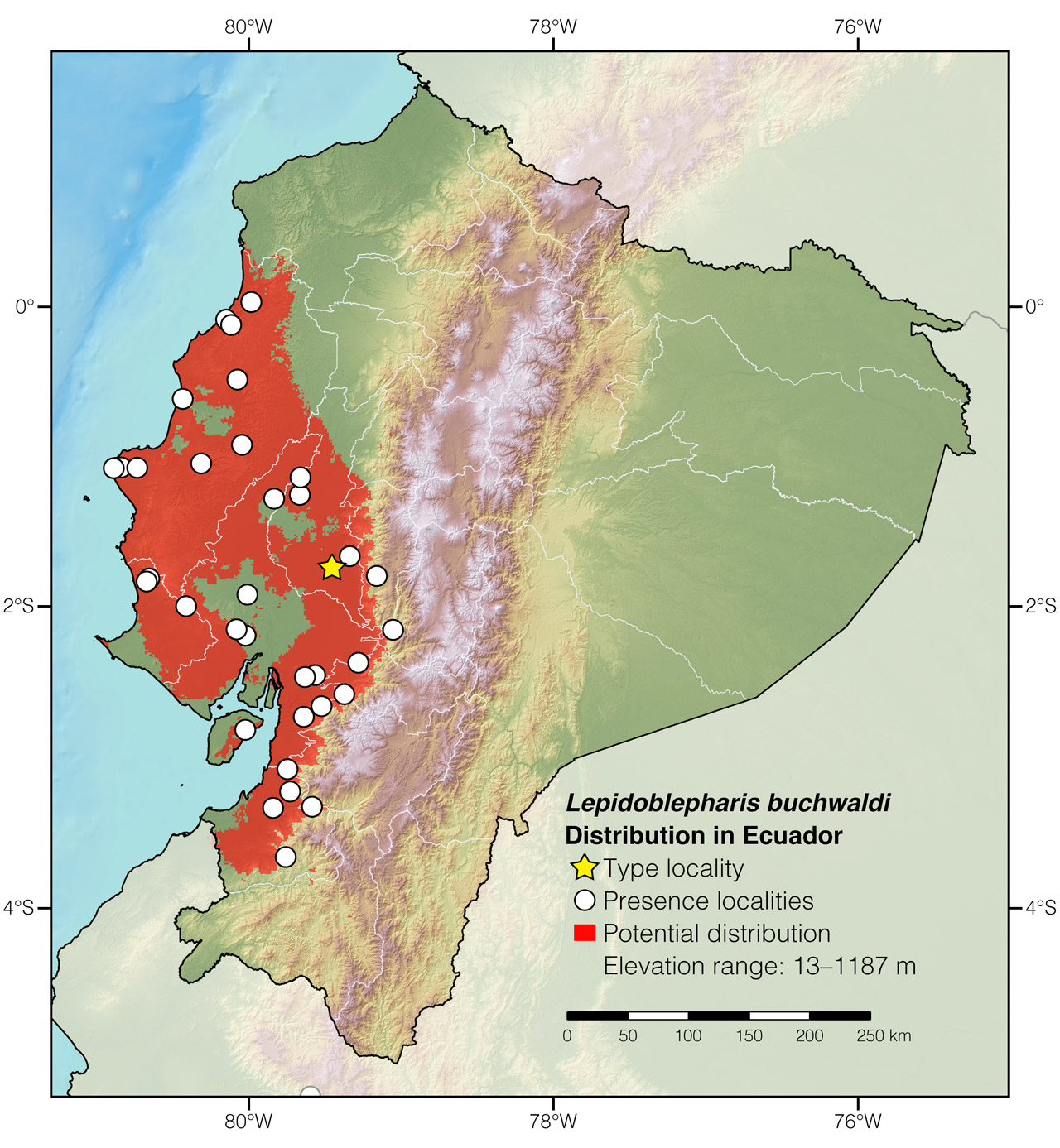 Distribution of Lepidoblepharis buchwaldi in Ecuador
