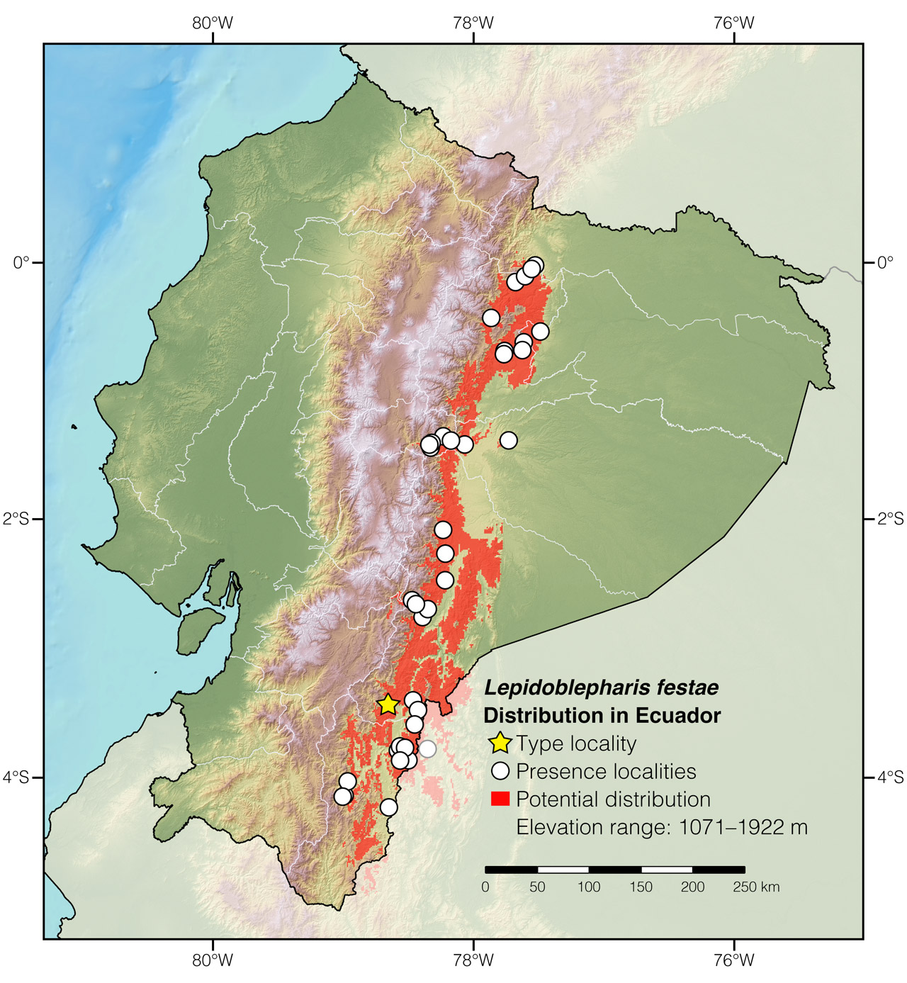 Distribution of Lepidoblepharis festae in Ecuador