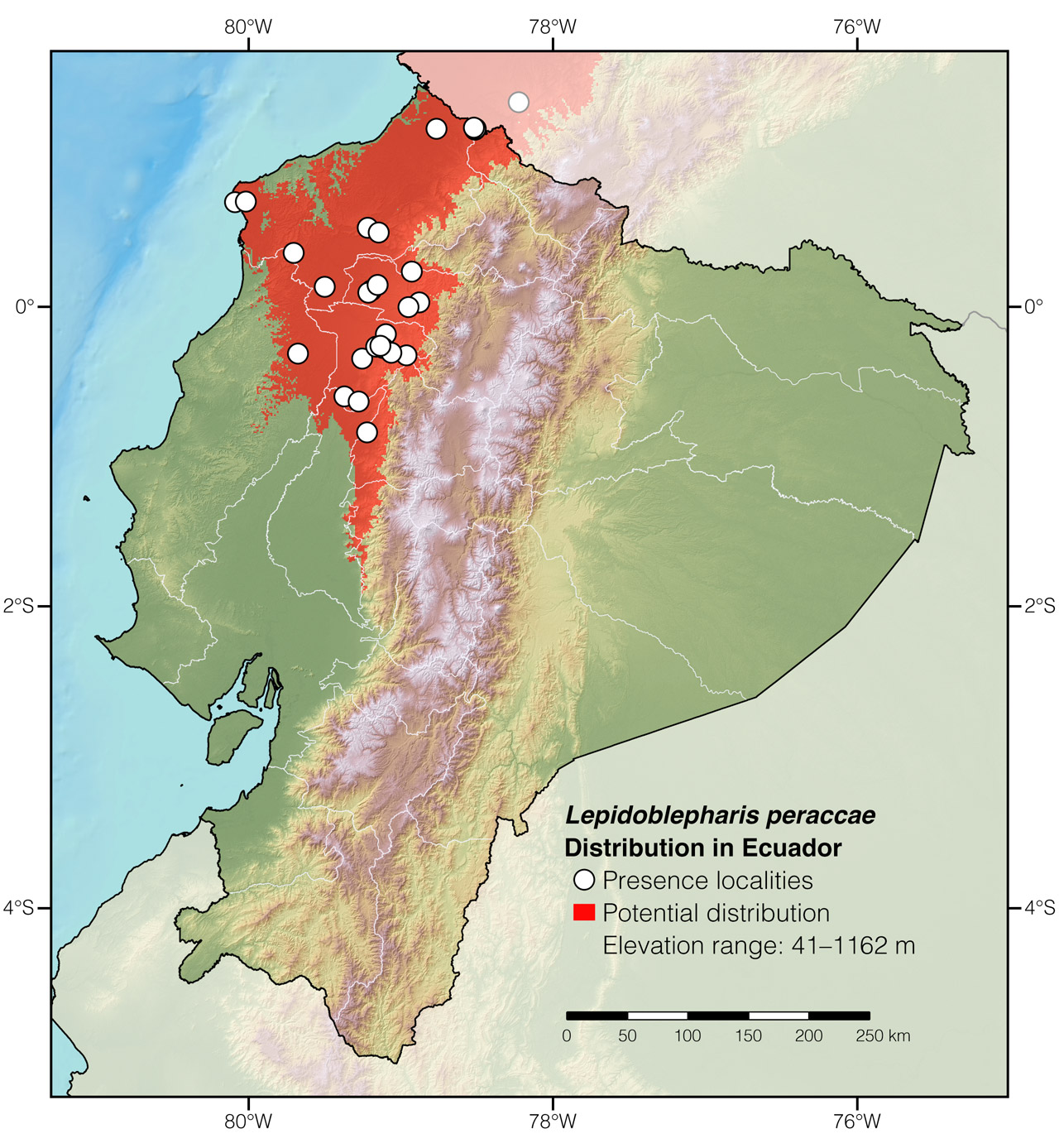 Distribution of Lepidoblepharis peraccae in Ecuador