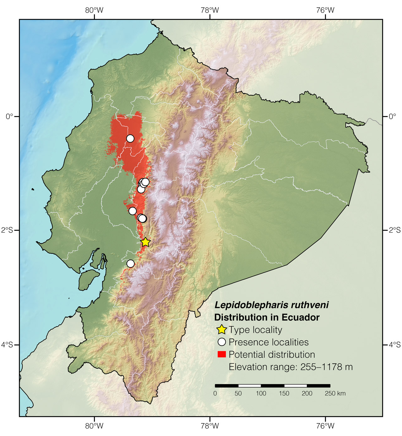 Distribution of Lepidoblepharis ruthveni in Ecuador