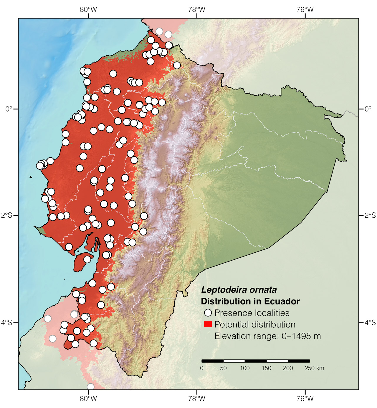 Distribution of Leptodeira ornata in Ecuador