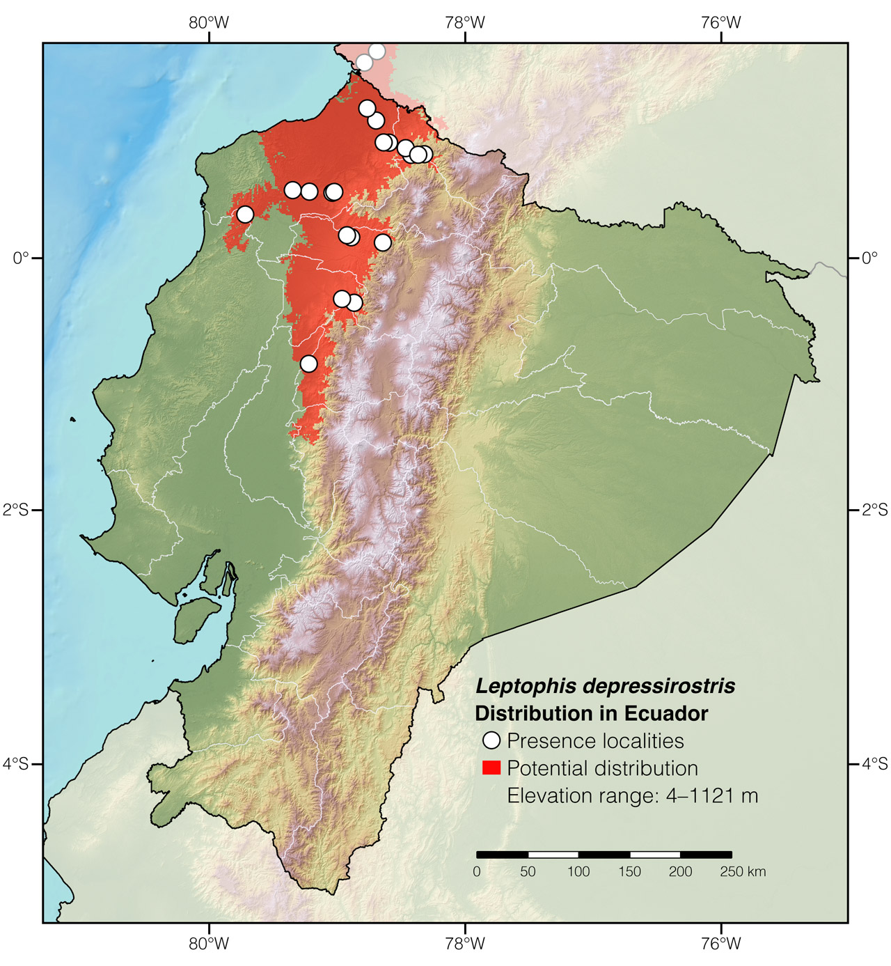 Distribution of Leptophis depressirostris in Ecuador
