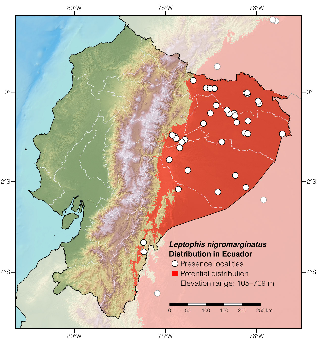 Distribution of Leptophis nigromarginatus in Ecuador