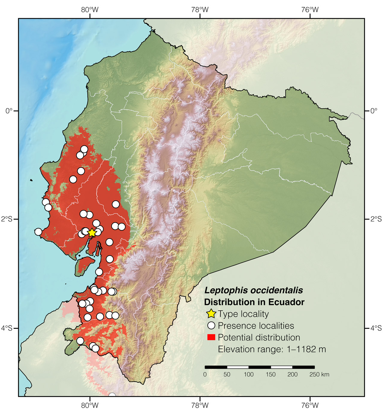 Distribution of Leptophis occidentalis in Ecuador