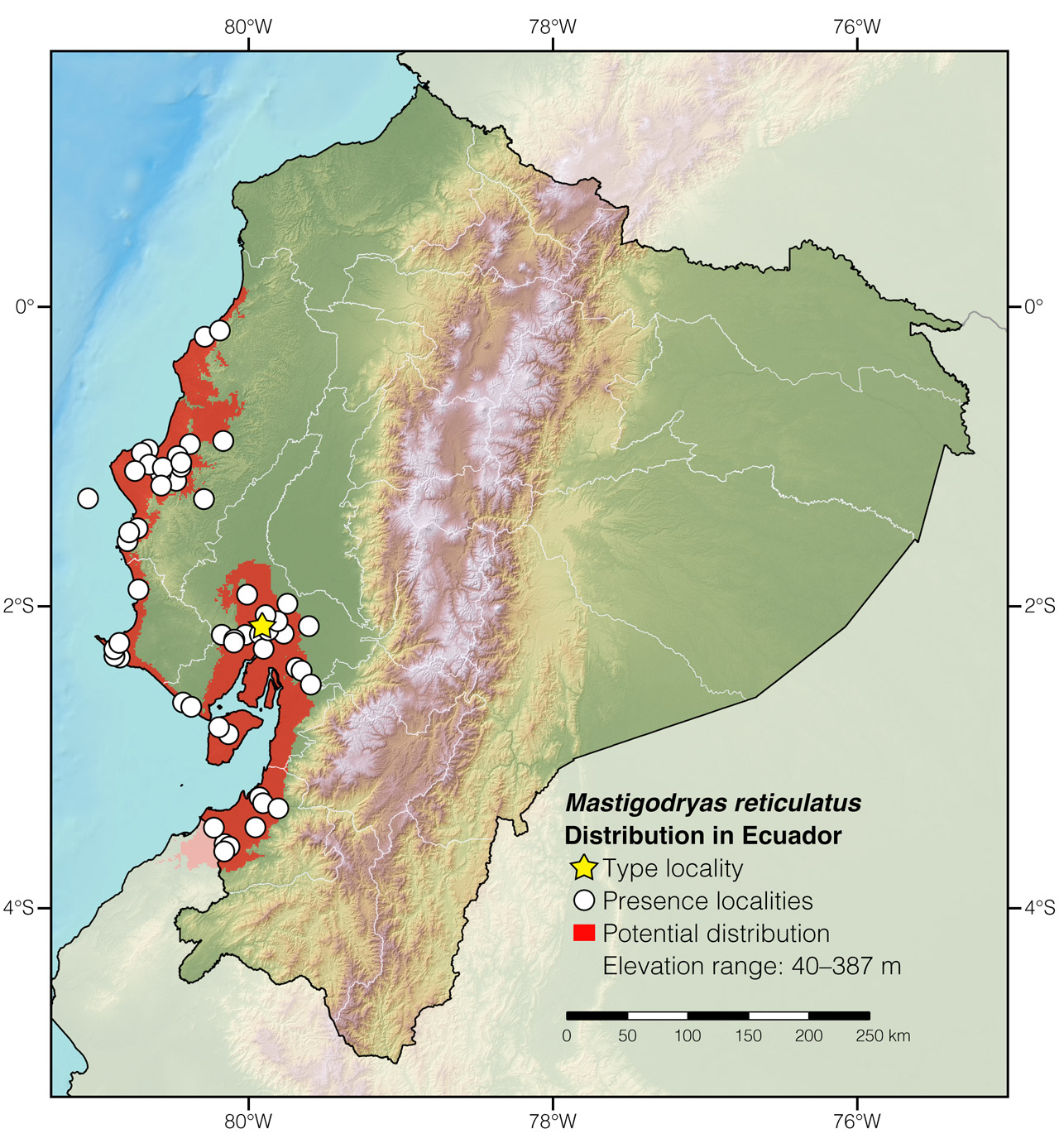 Distribution of Mastigodryas reticulatus in Ecuador