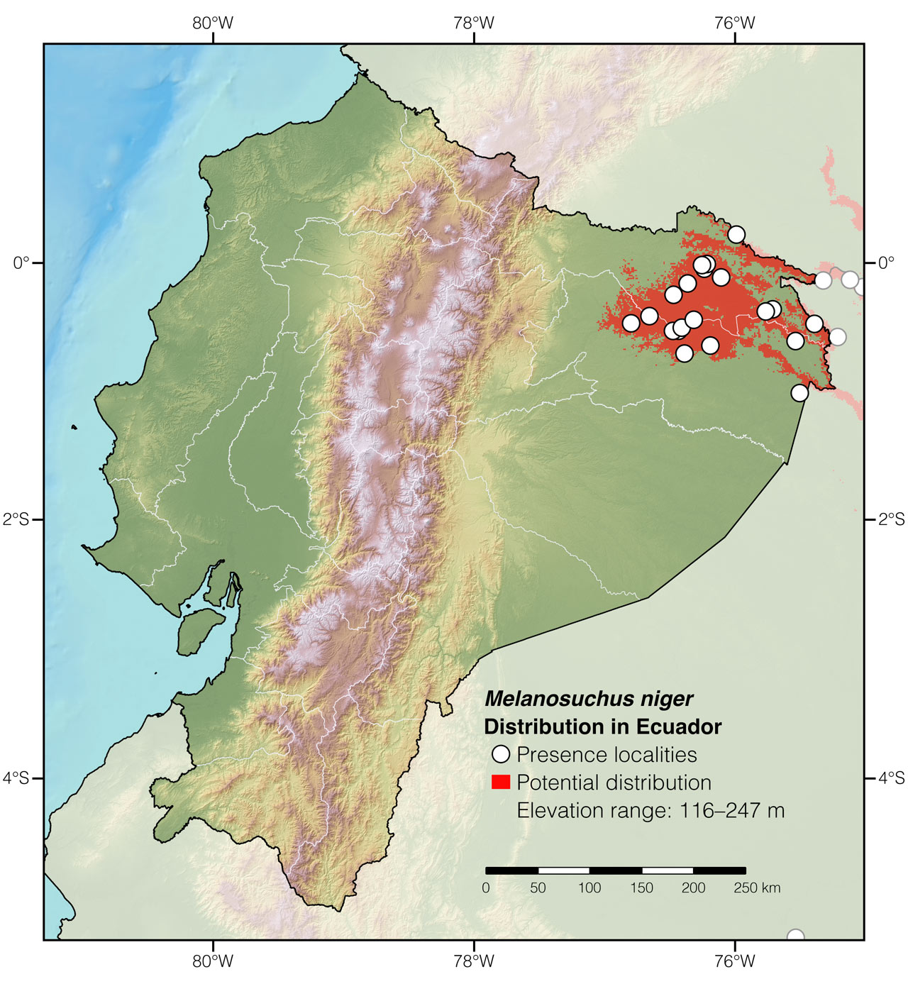 Distribution of Melanosuchus niger in Ecuador
