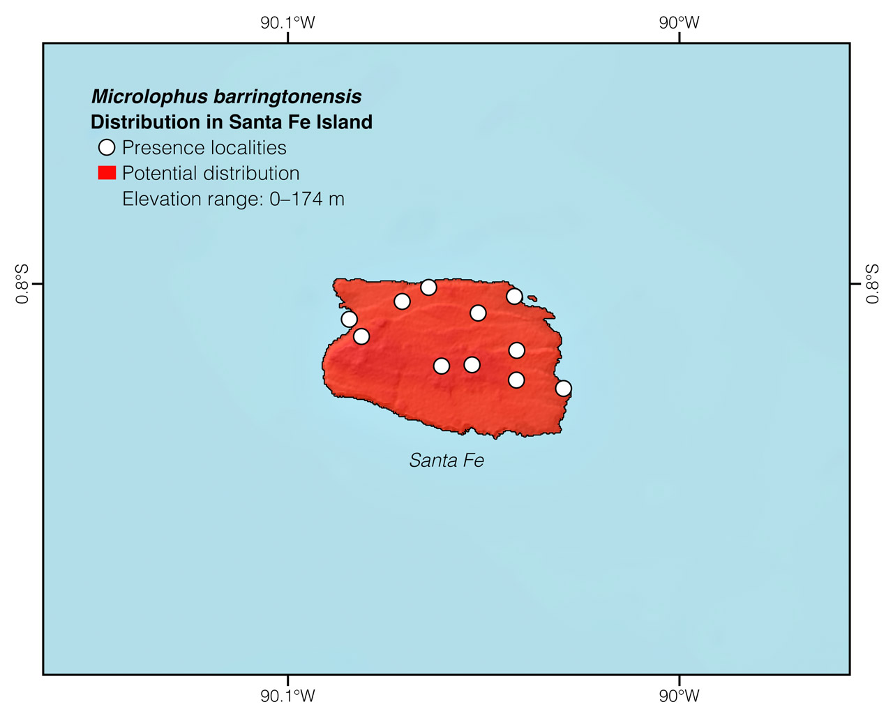 Distribution of Microlophus barringtonensis in Santa Fe Island