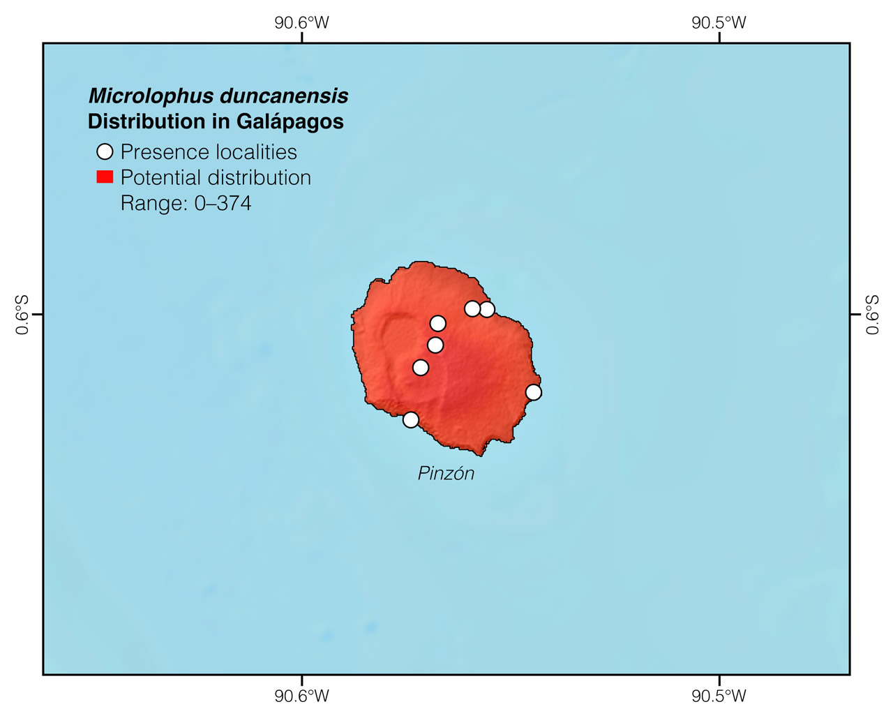 Distribution of Microlophus duncanensis in Pinzón Island