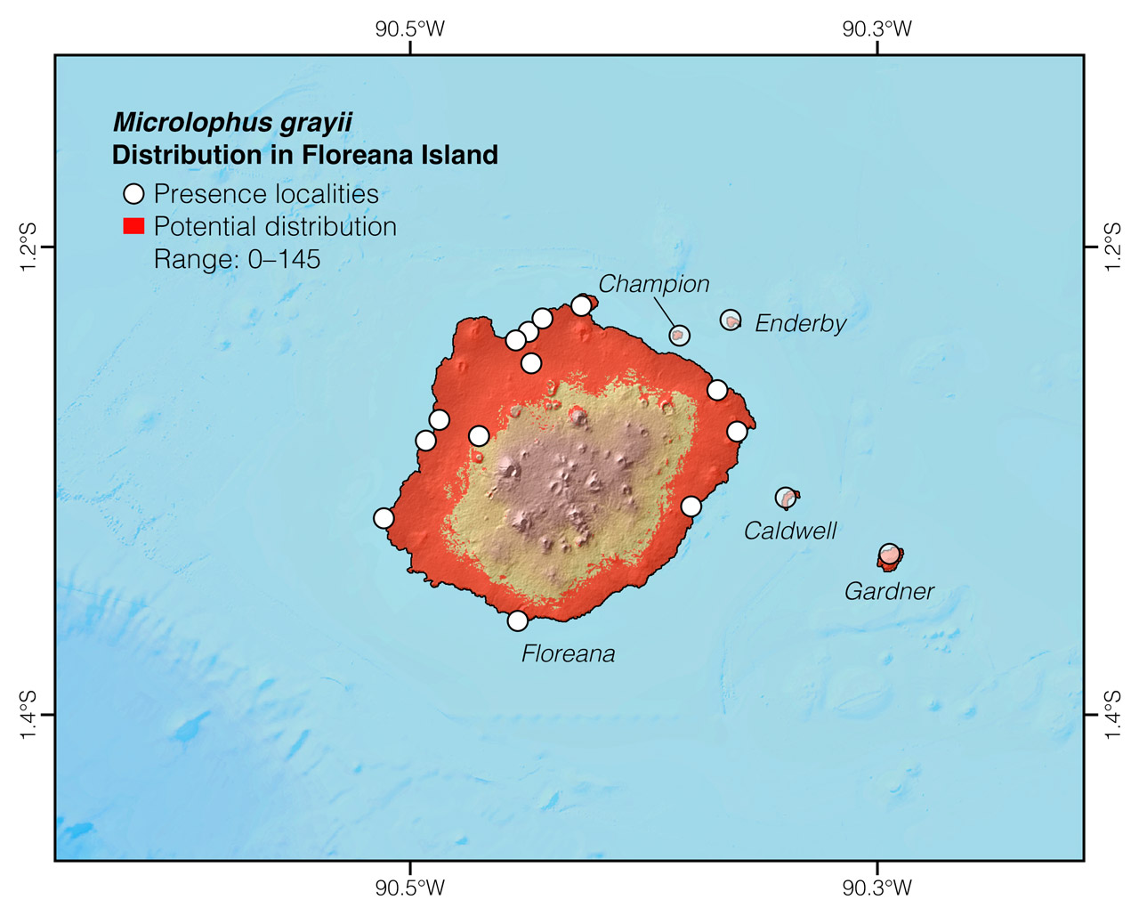 Distribution of Microlophus grayii in and around Floreana Island