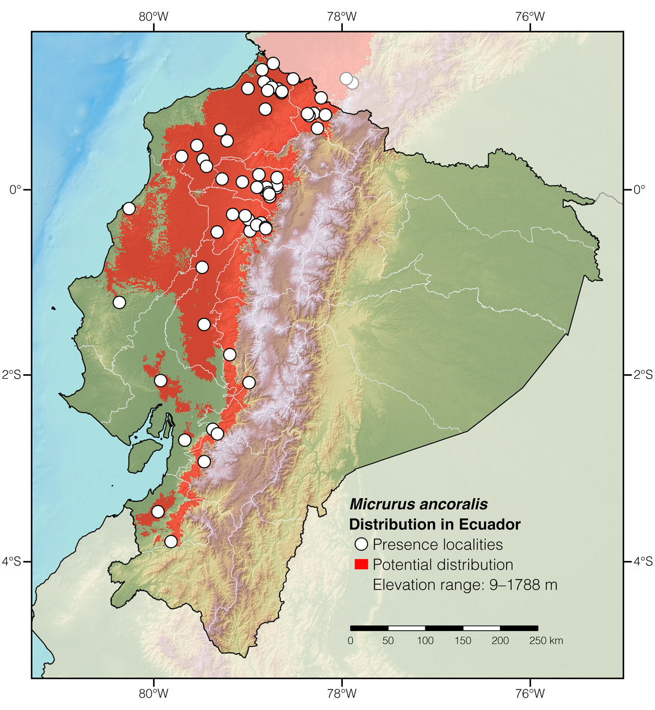 Distribution of Micrurus ancoralis in Ecuador