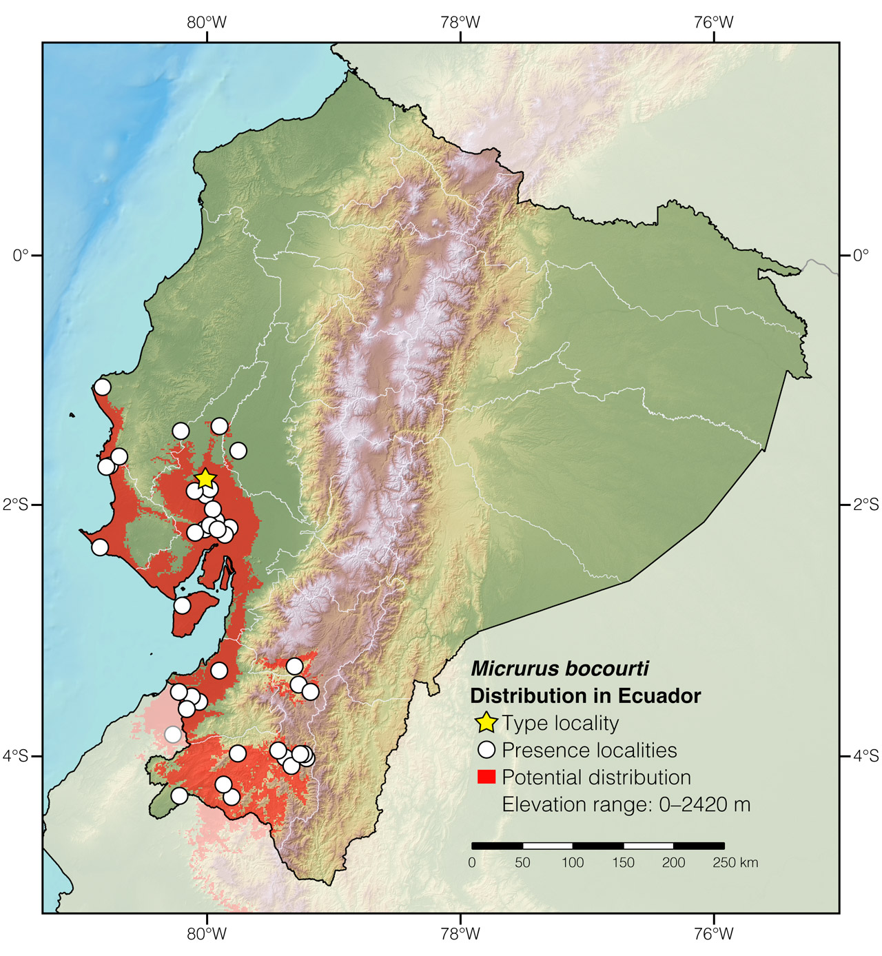 Distribution of Micrurus bocourti in Ecuador