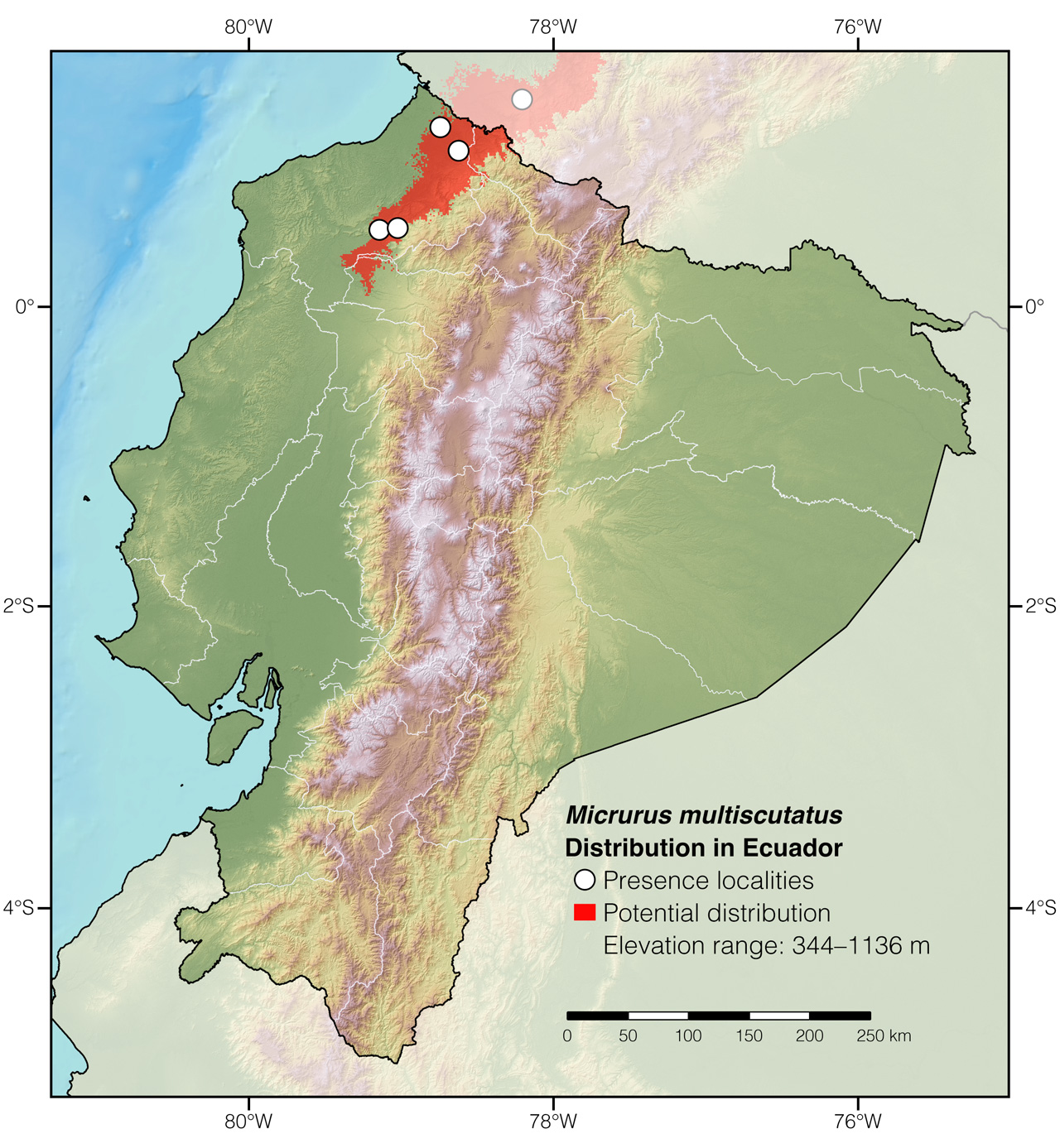 Distribution of Micrurus multiscutatus in Ecuador