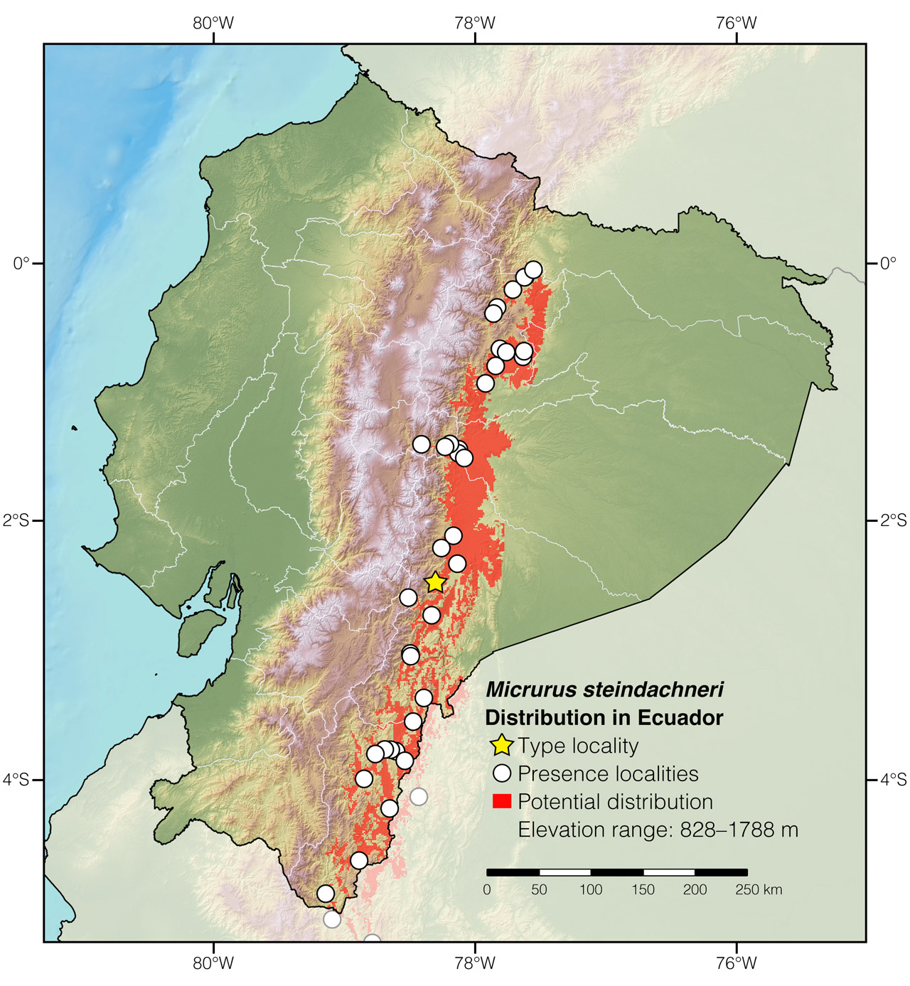 Distribution of Micrurus steindachneri in Ecuador