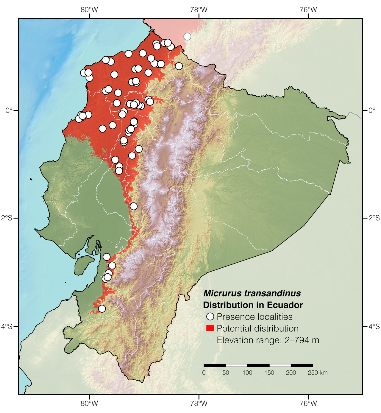 Distribution of Micrurus transandinus in Ecuador