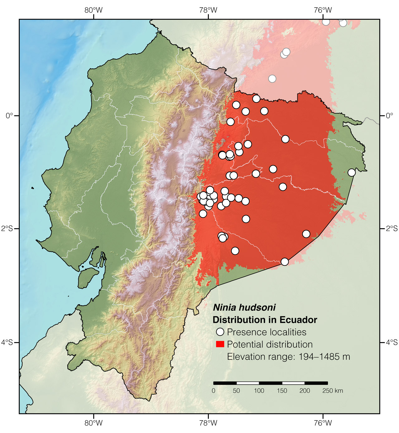 Distribution of Ninia hudsoni in Ecuador