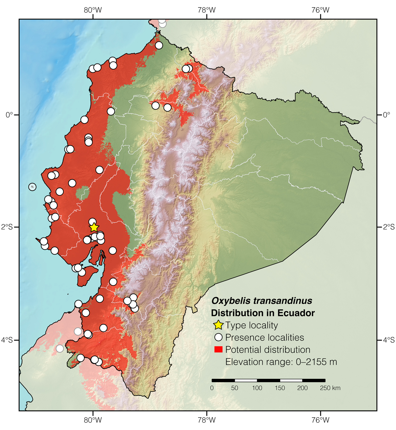 Distribution of Oxybelis transandinus in Ecuador