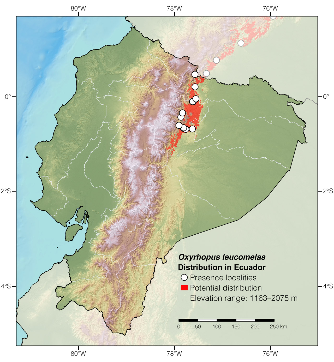 Distribution of Oxyrhopus leucomelas in Ecuador