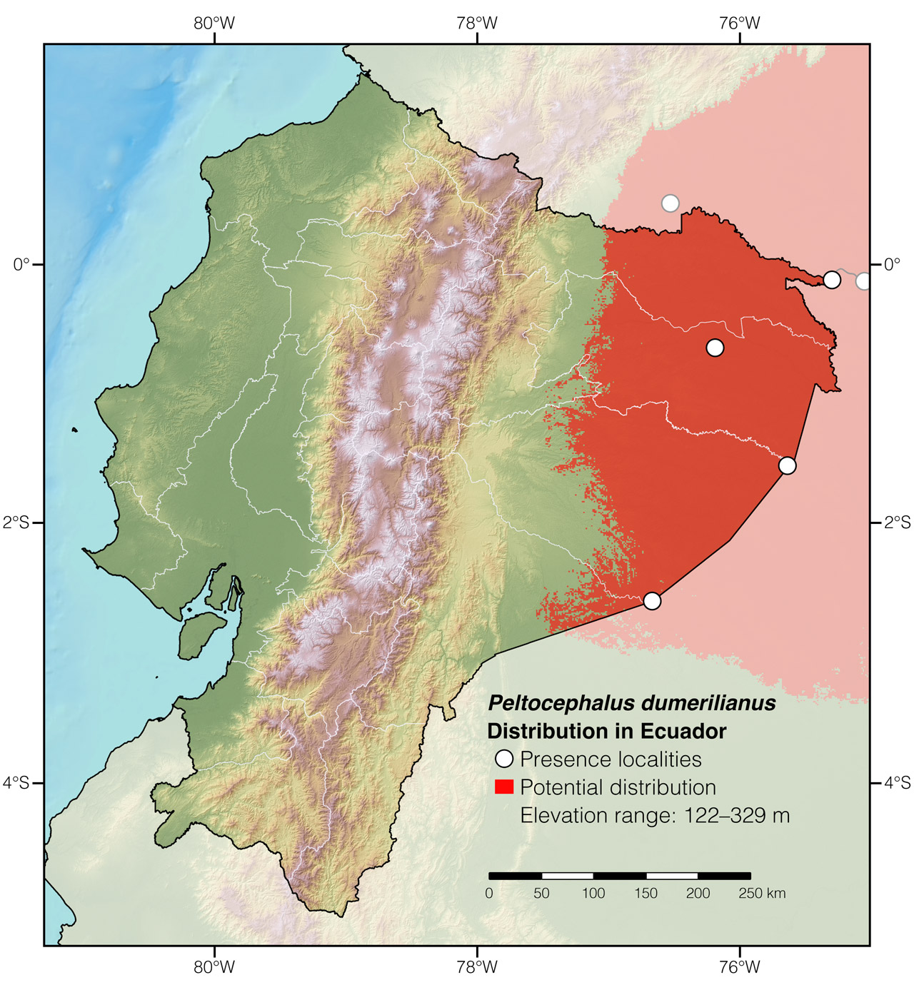 Distribution of Peltocephalus dumerilianus in Ecuador