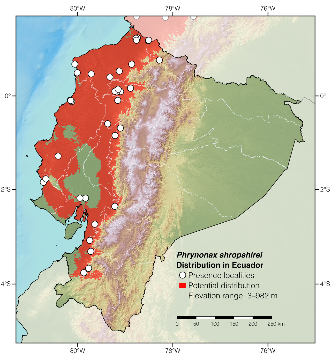 Distribution of Phrynonax shropshirei in Ecuador