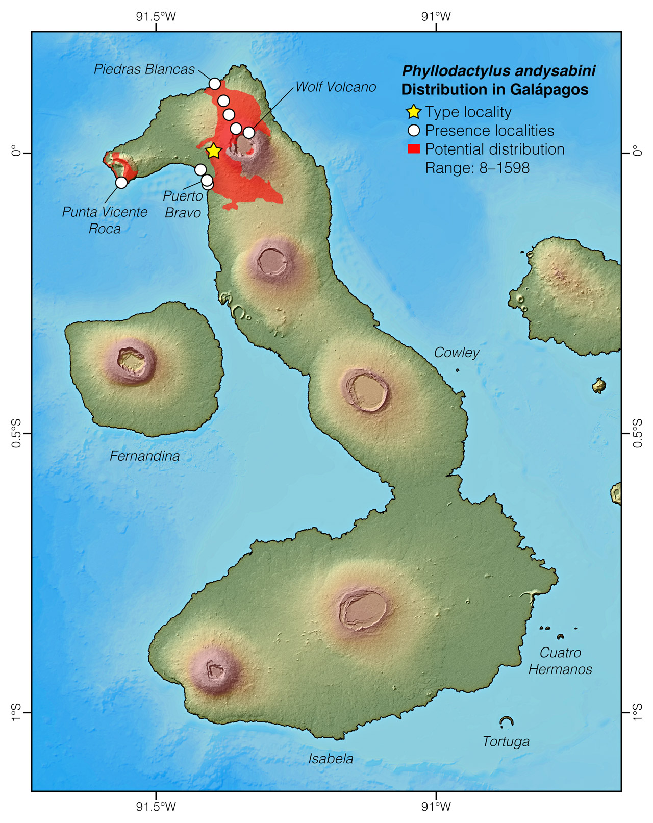 Distribution of Phyllodactylus andysabini in western Galápagos
