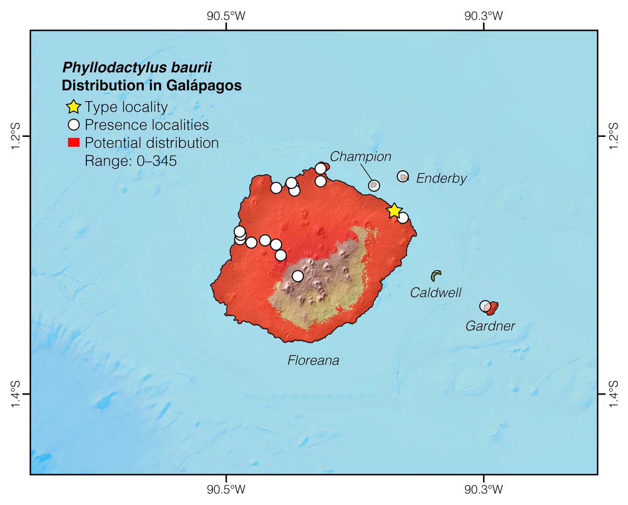 Distribution of Phyllodactylus baurii in and around Floreana Island