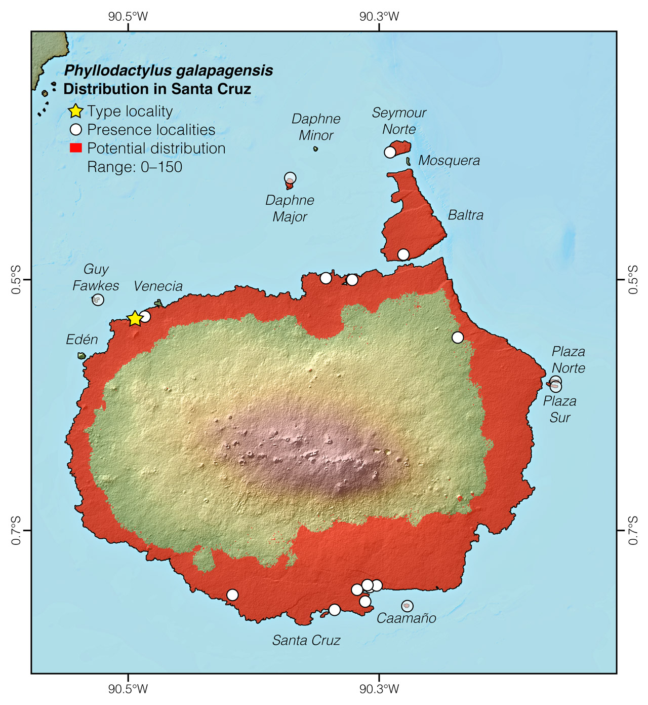 Distribution of Phyllodactylus galapagensis in and around Santa Cruz Island