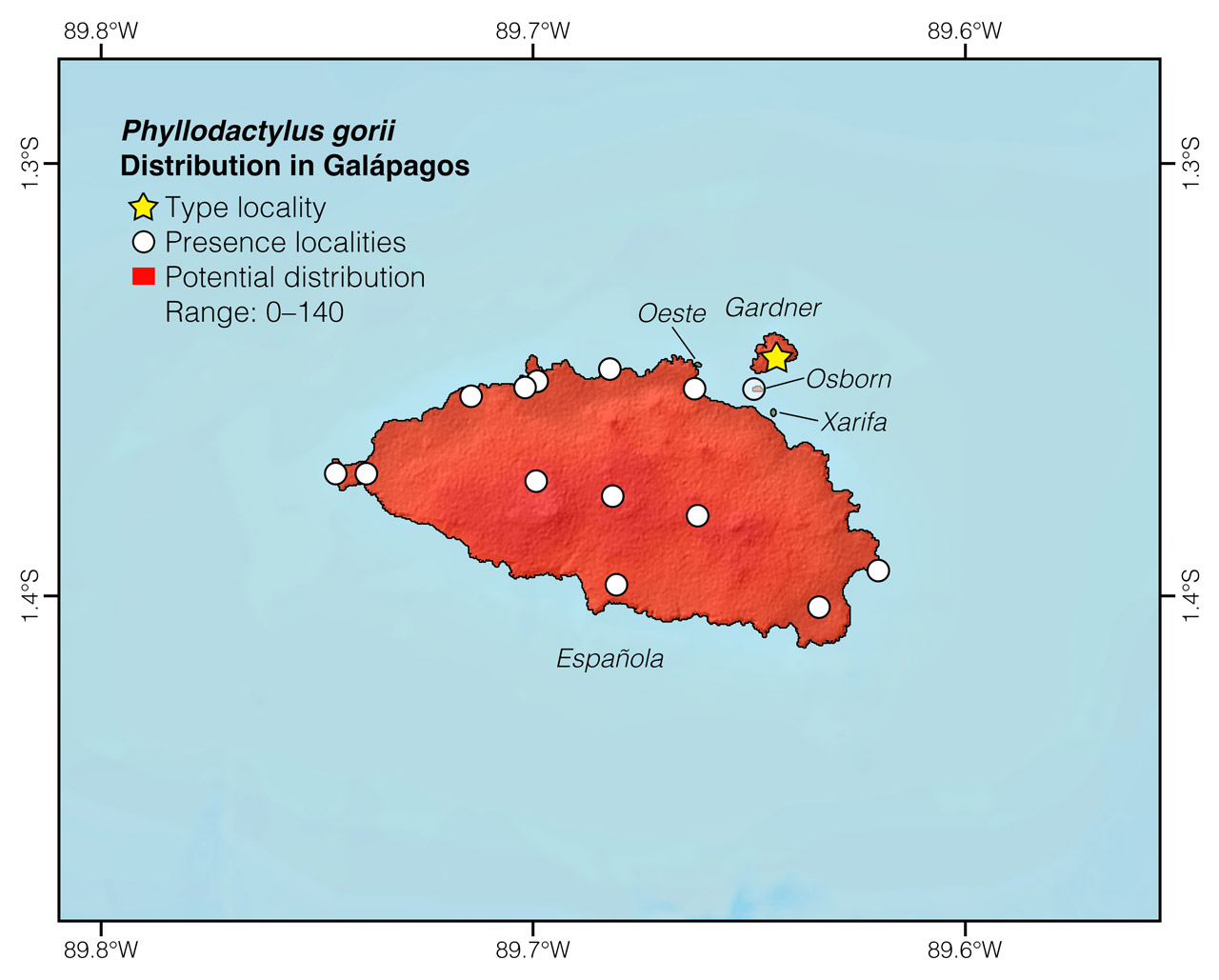 Distribution of Phyllodactylus gorii in and around Española Island