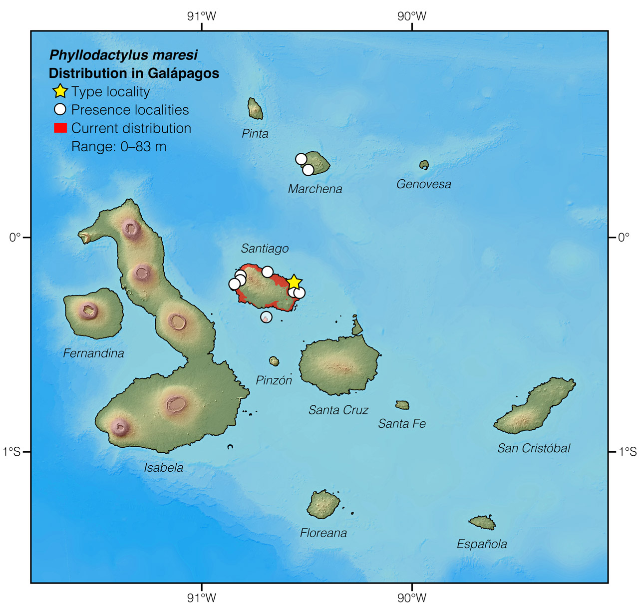 Distribution of Phyllodactylus maresi in Galápagos