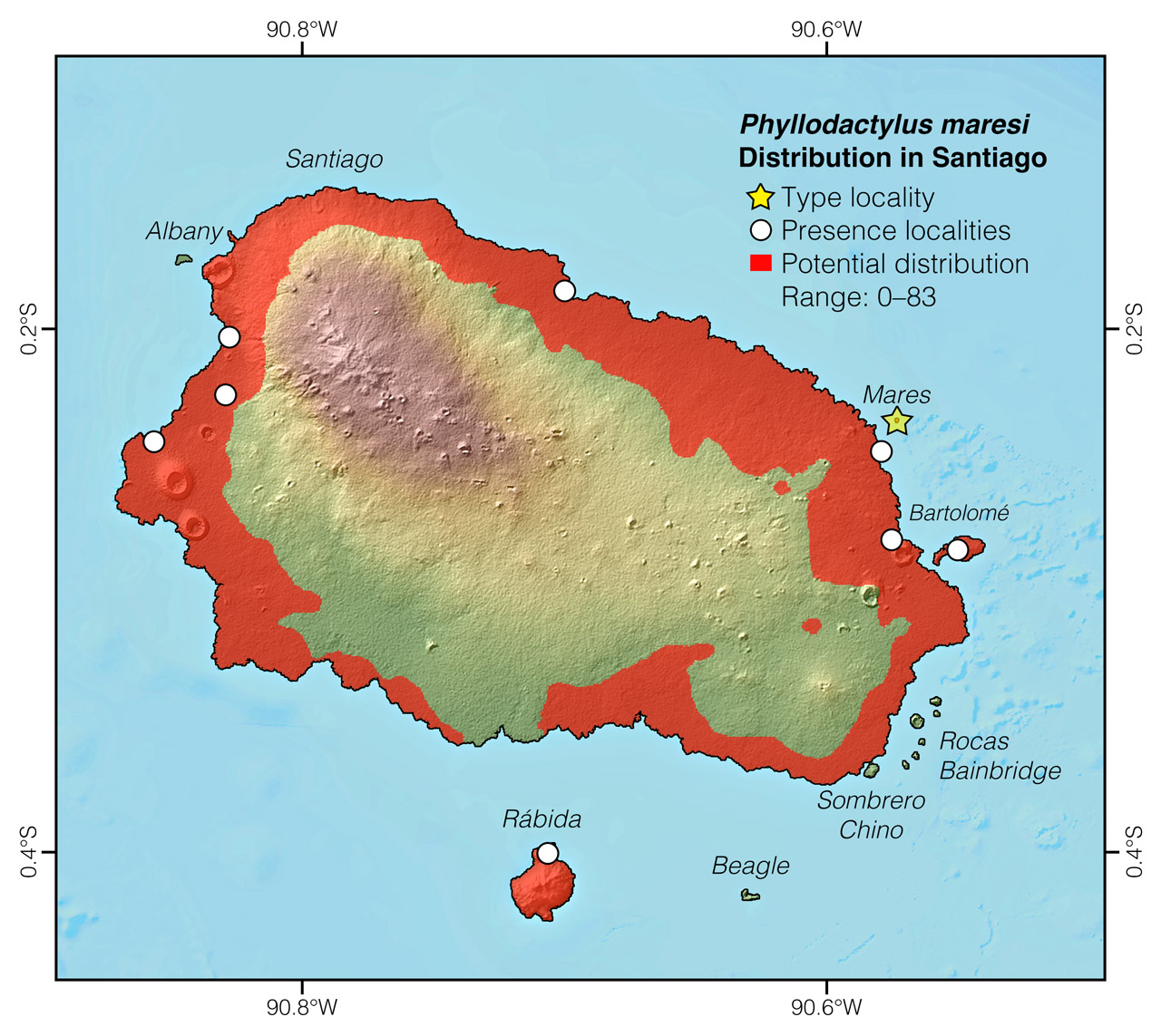 Distribution of Phyllodactylus maresi in Santiago Island