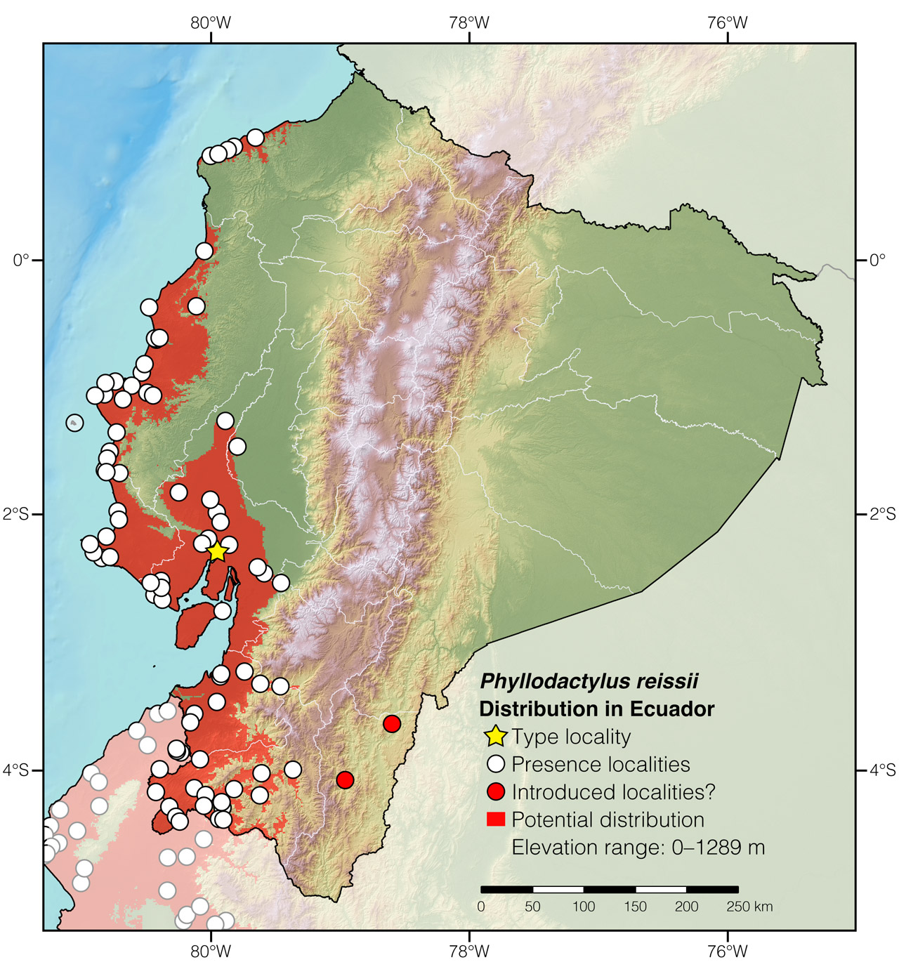 Distribution of Phyllodactylus reissii in continental Ecuador