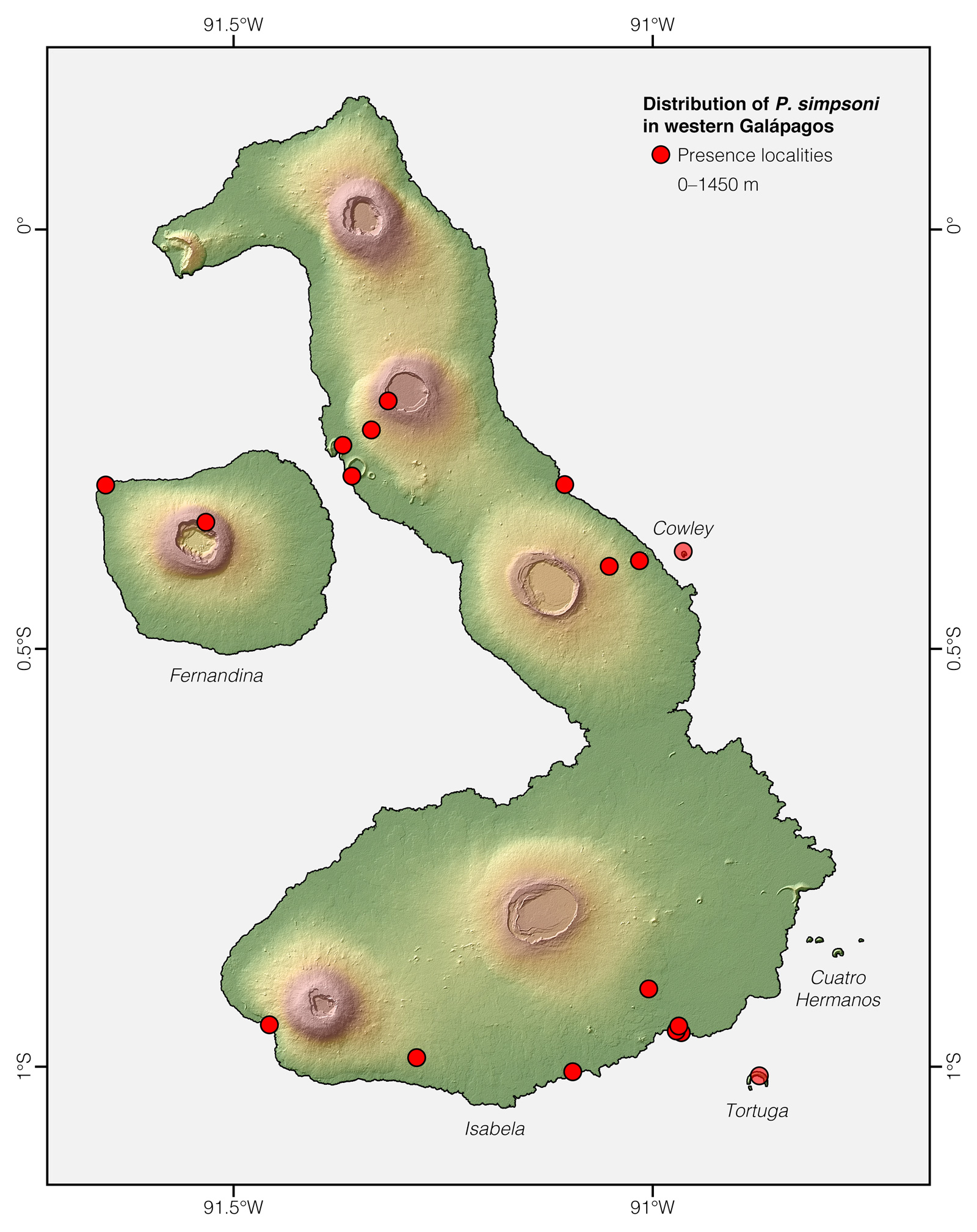 Distribution of Phyllodactylus simpsoni in western Galápagos