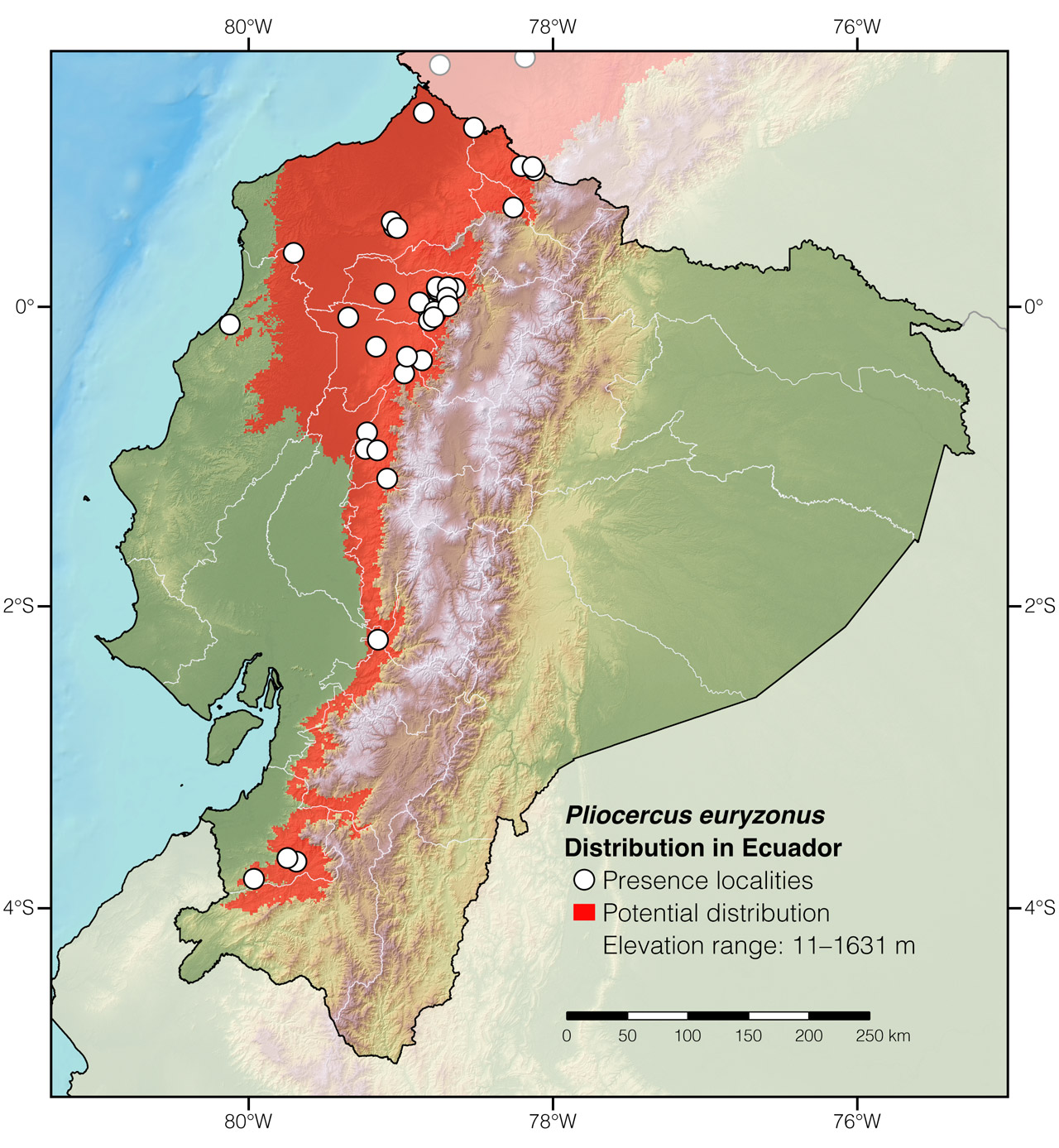 Distribution of Pliocercus euryzonus in Ecuador