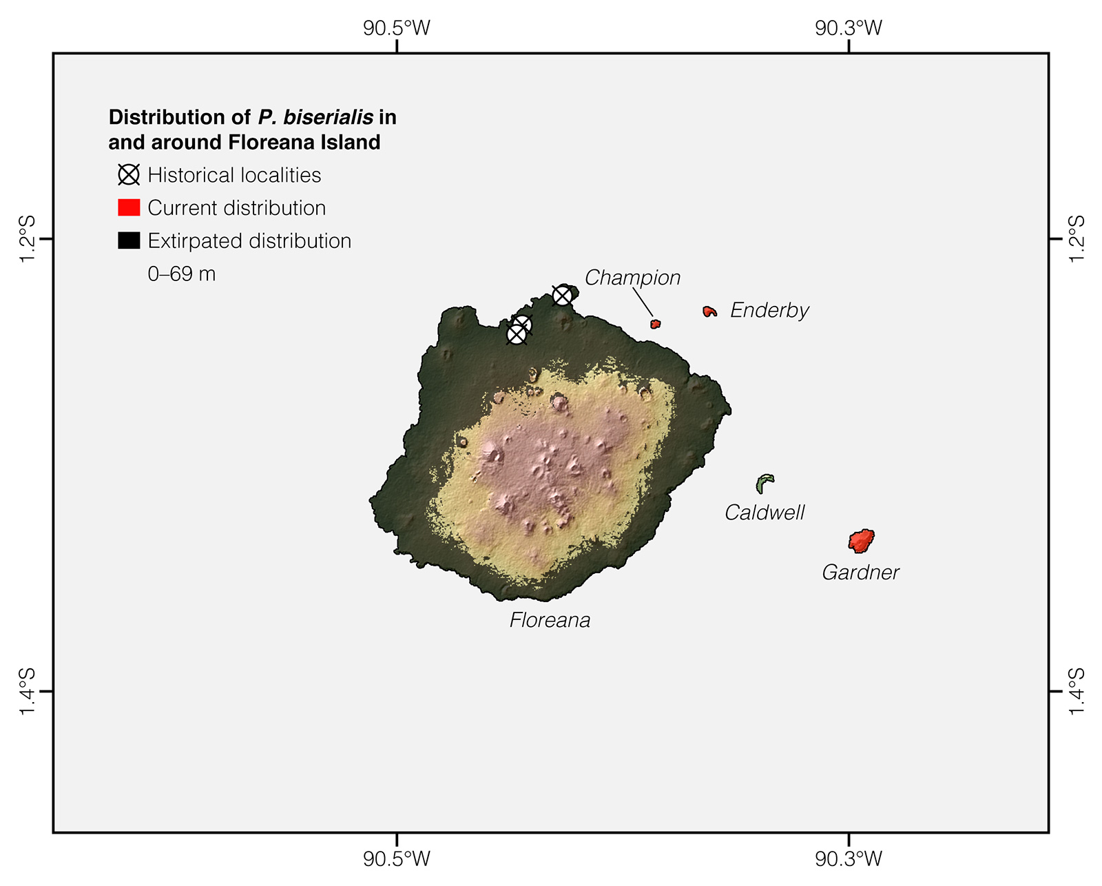 Distribution of Pseudalsophis biserialis in and around Floreana Island