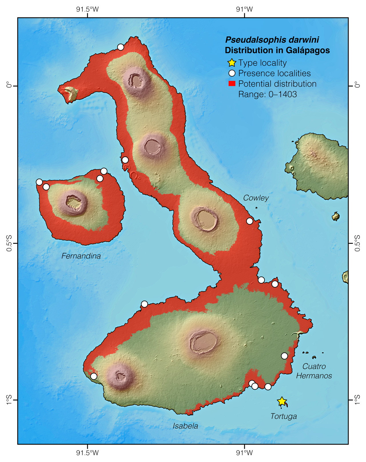 Distribution of Pseudalsophis darwini in Galápagos