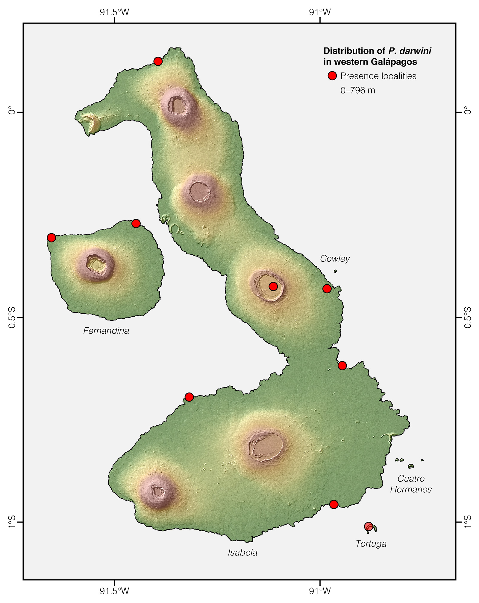 Distribution of Pseudalsophis darwini in western Galápagos