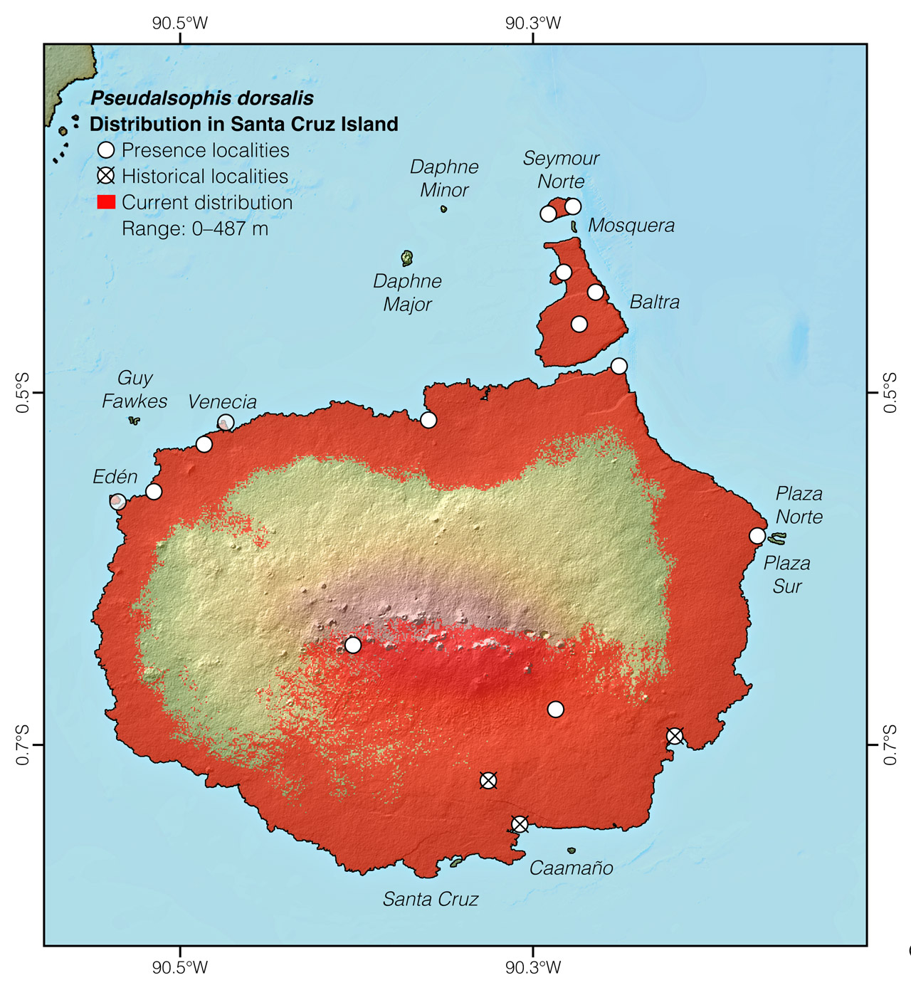 Distribution of Pseudalsophis dorsalis in and around Santa Cruz Island