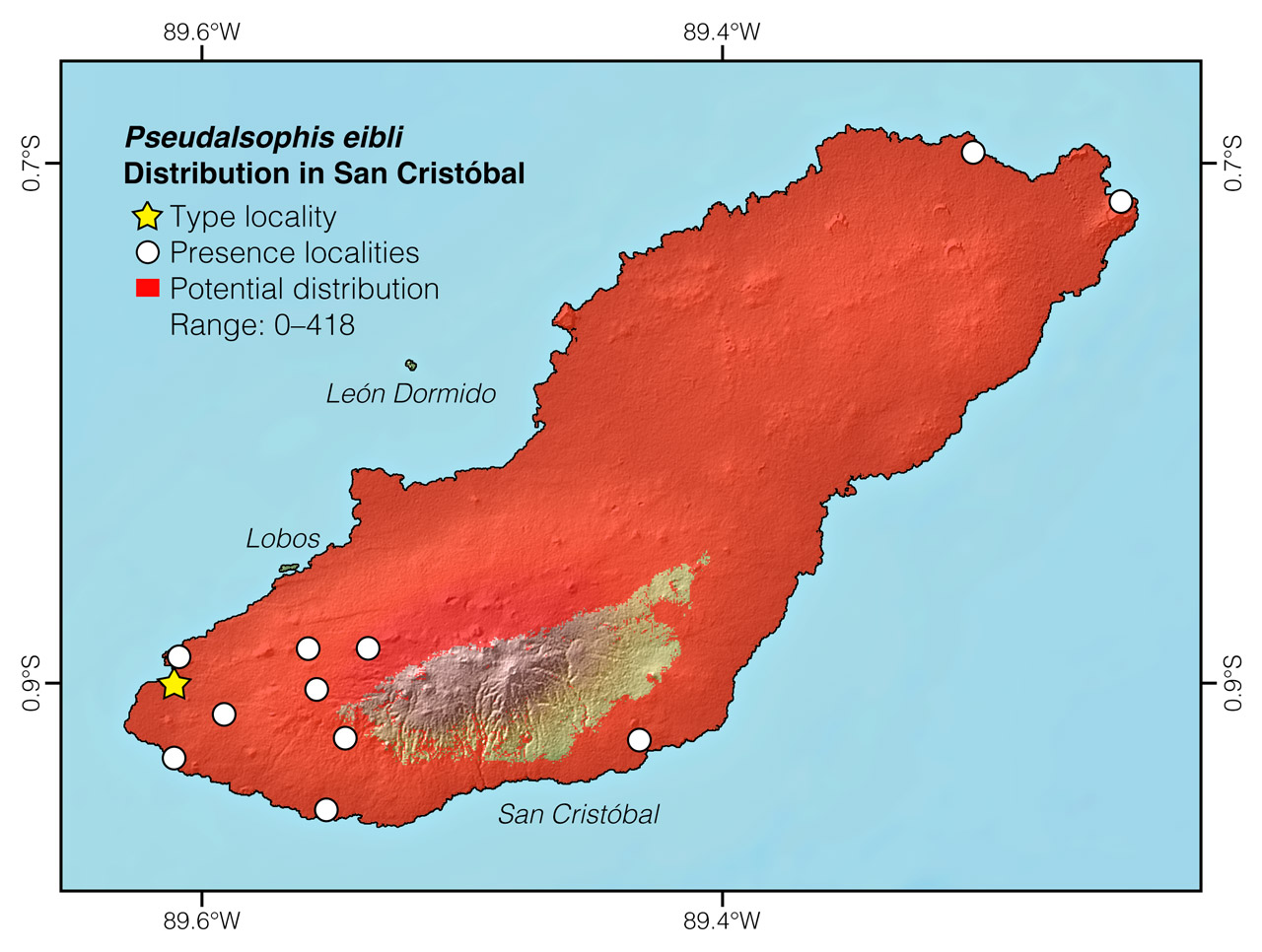 Distribution of Pseudalsophis eibli in San Cristóbal Island