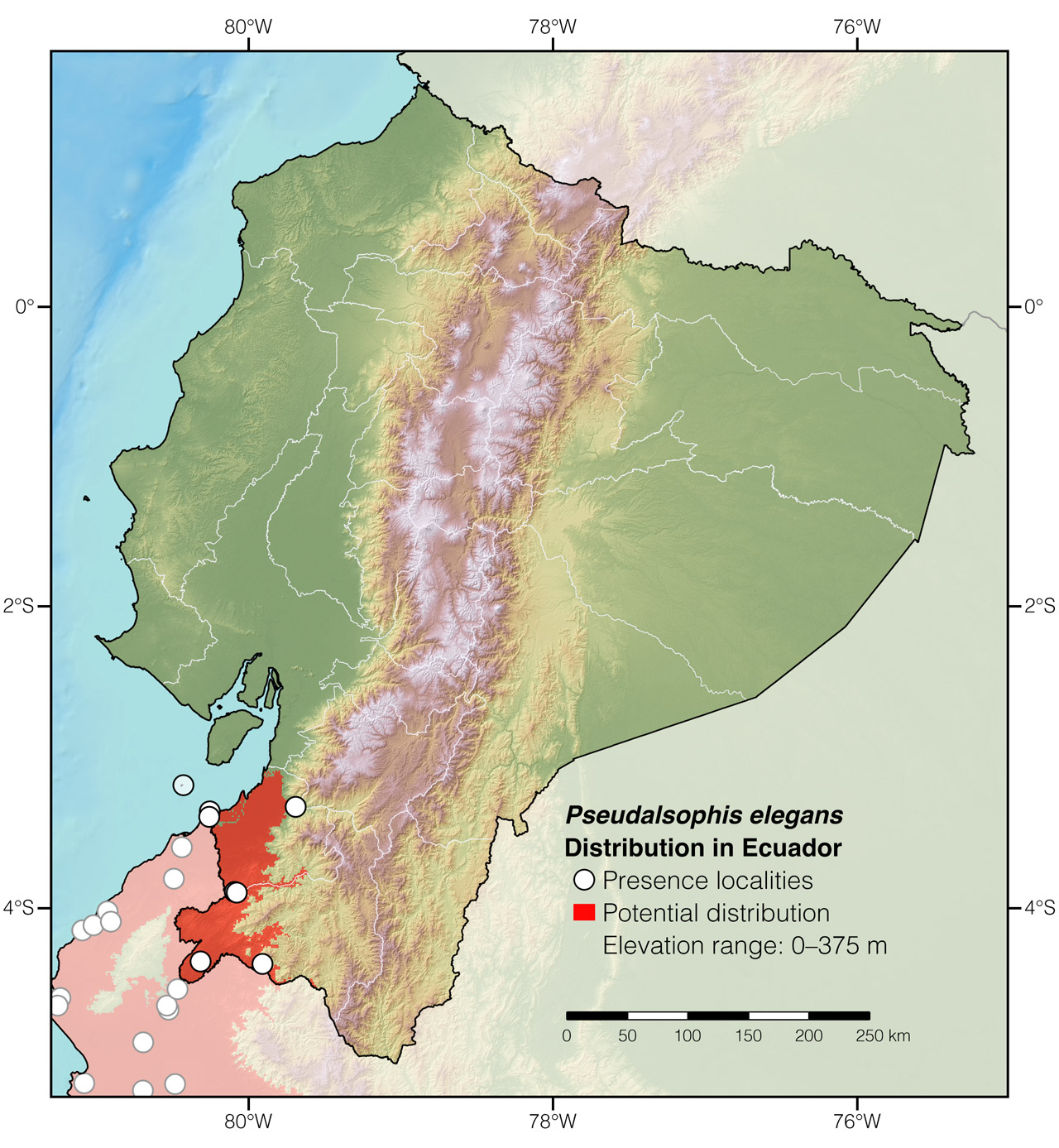 Distribution of Pseudalsophis elegans in Ecuador