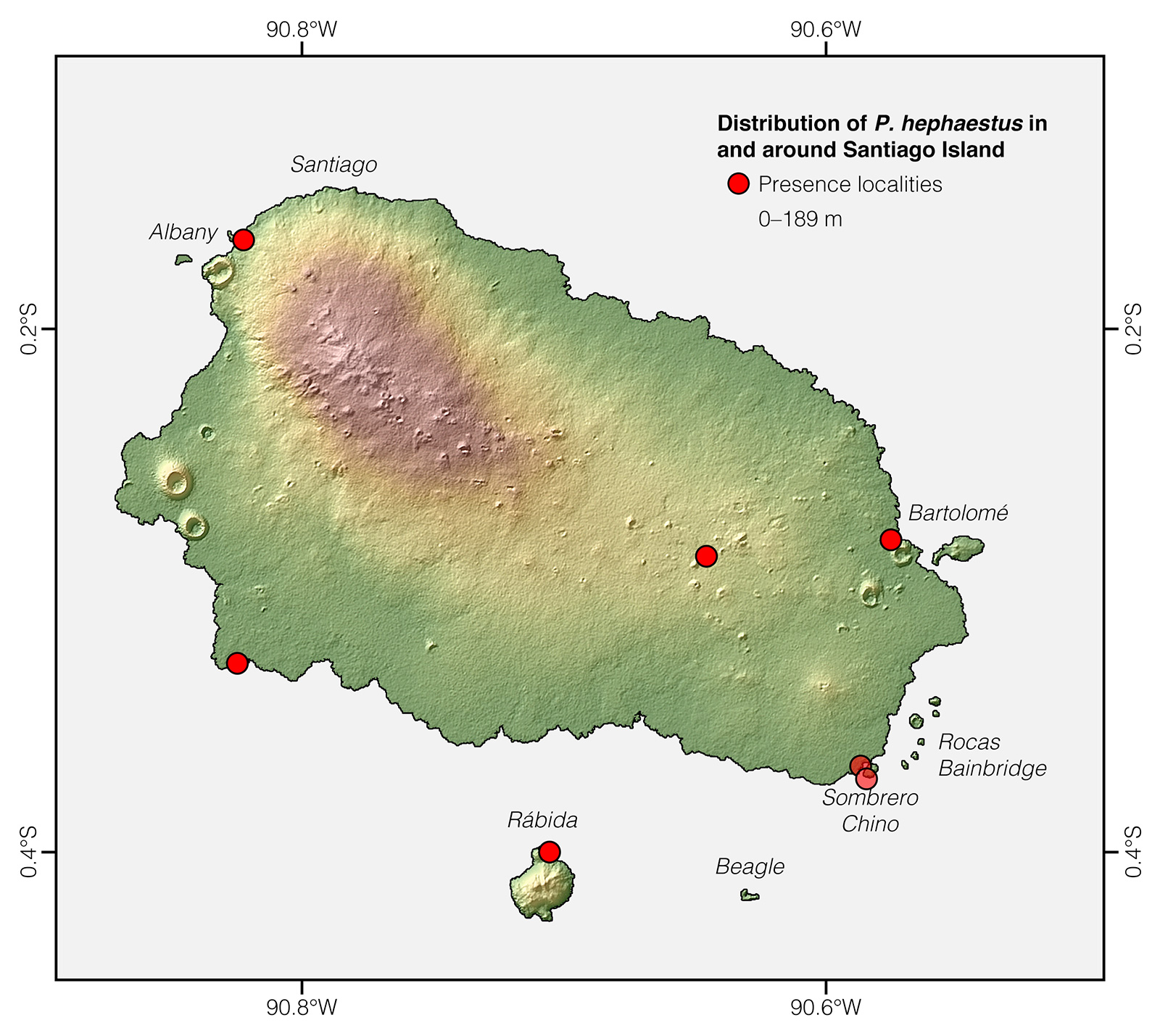 Distribution of Pseudalsophis hephaestus in and around Santiago Island