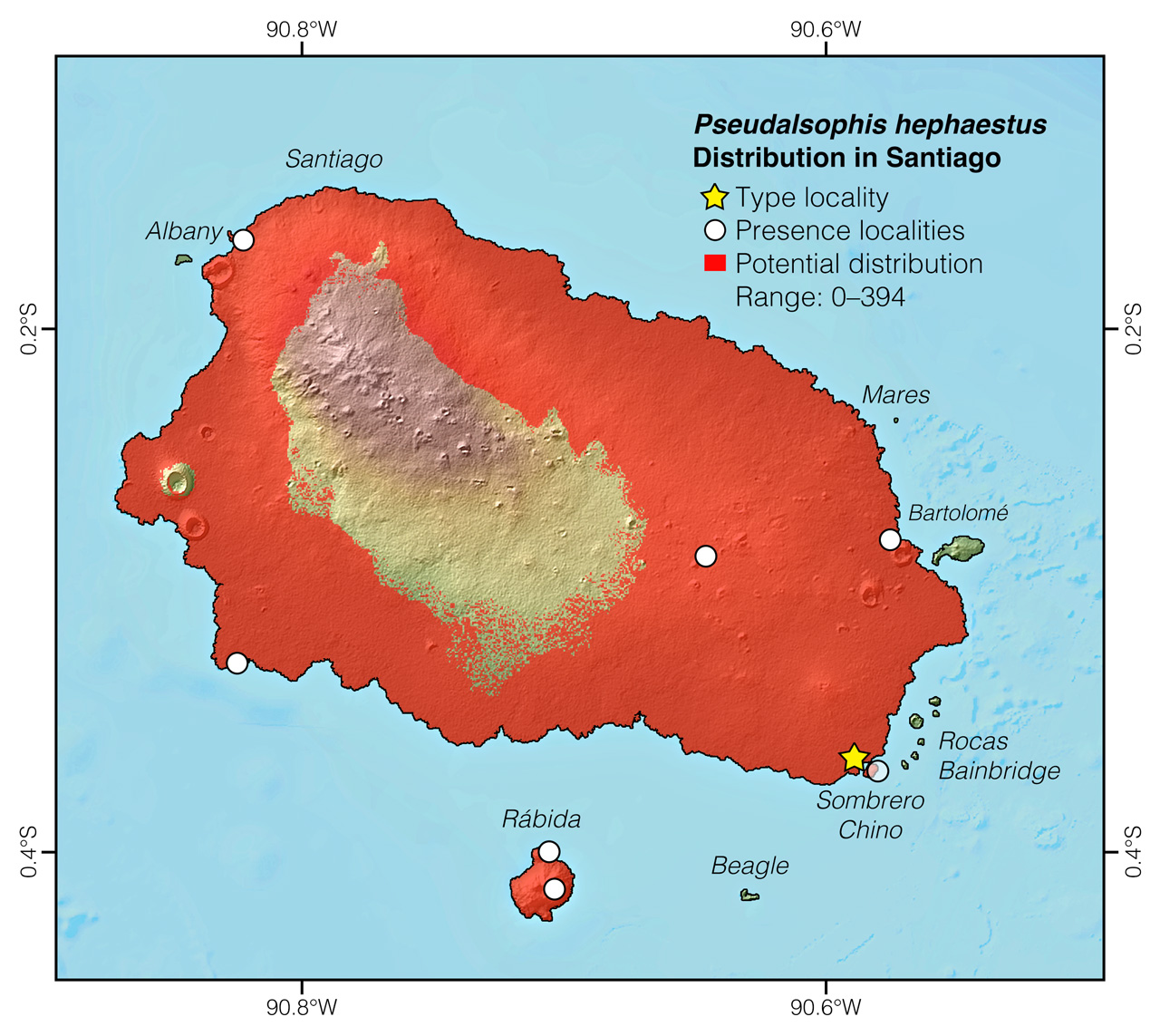 Distribution of Pseudalsophis hephaestus in and around Santiago Island