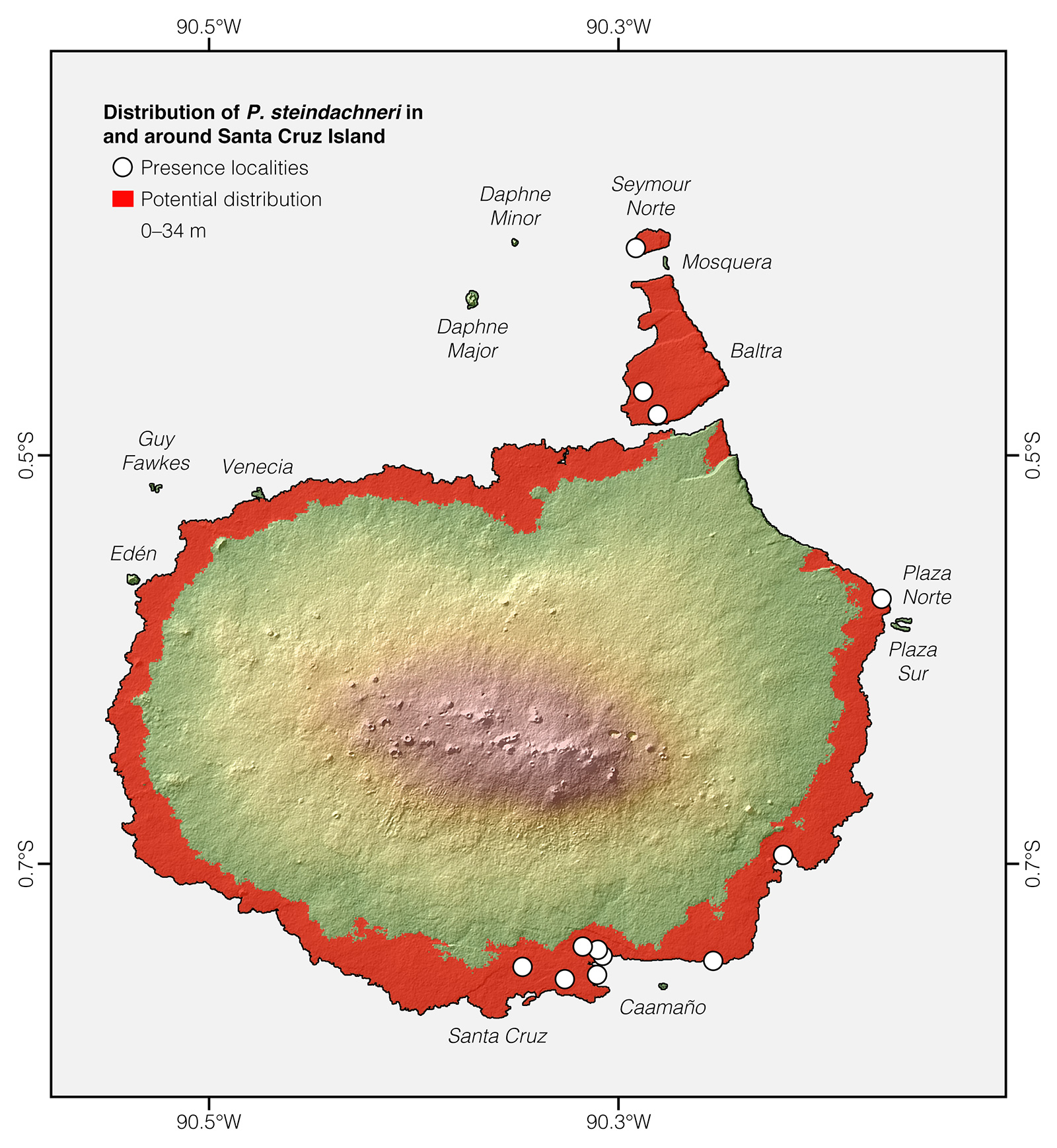 Distribution of Pseudalsophis steindachneri in and around Santa Cruz Island