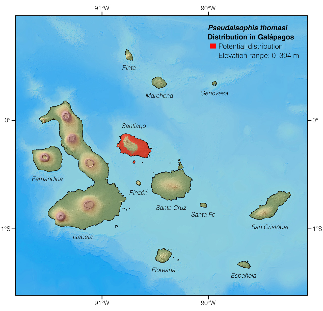 Distribution of Pseudalsophis thomasi in Galápagos